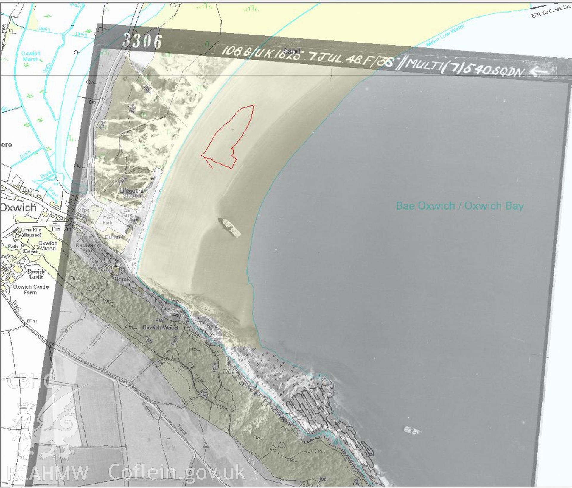Overlay of  aerial photograph 106G UK 1625 3306 from July 1946 showing beached wreck of SOLOR with GPS tracklot of wreckage concentration