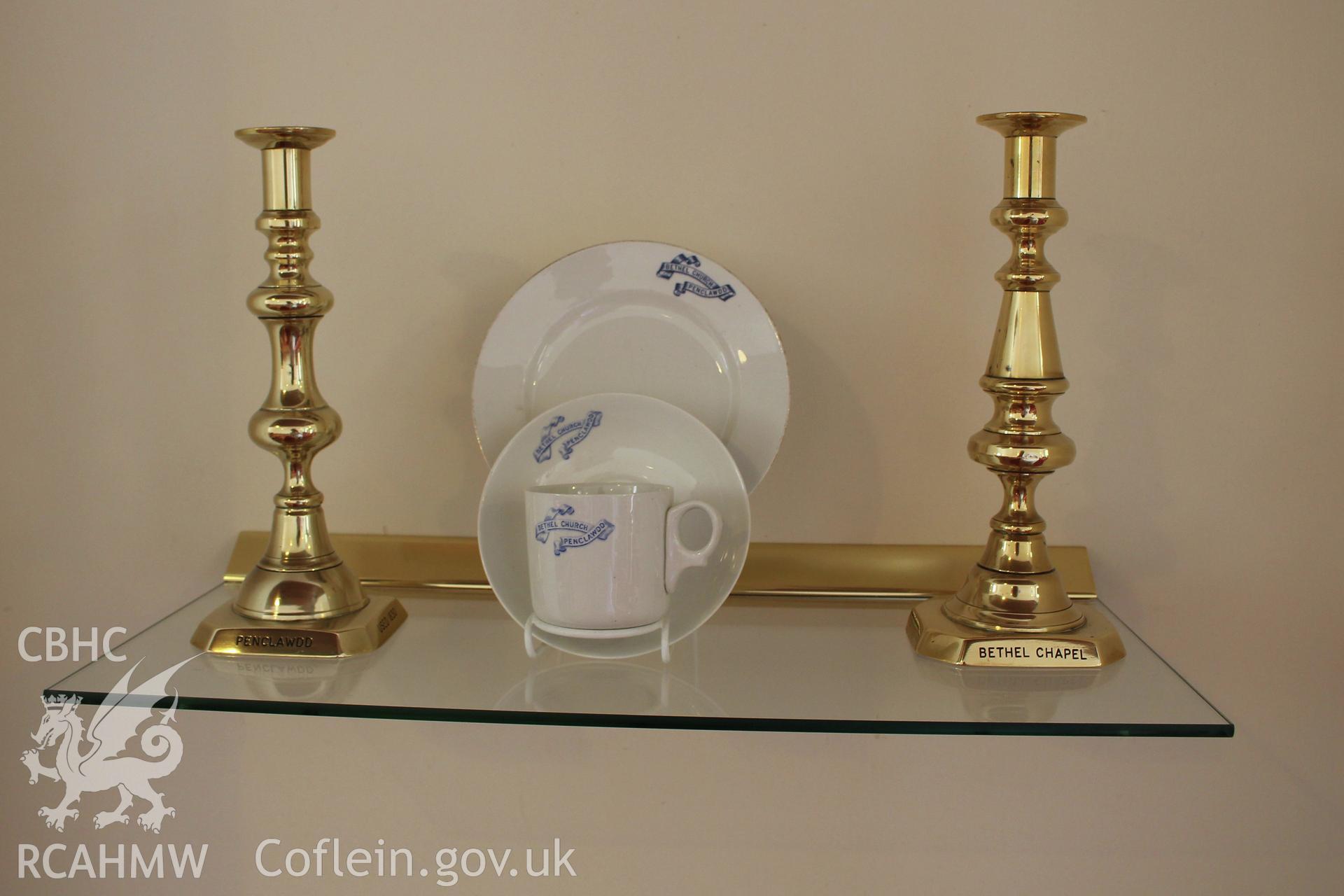 Bethel Independent Chapel, Pen-Clawdd, detail of chapel china and candlesticks in vestry.