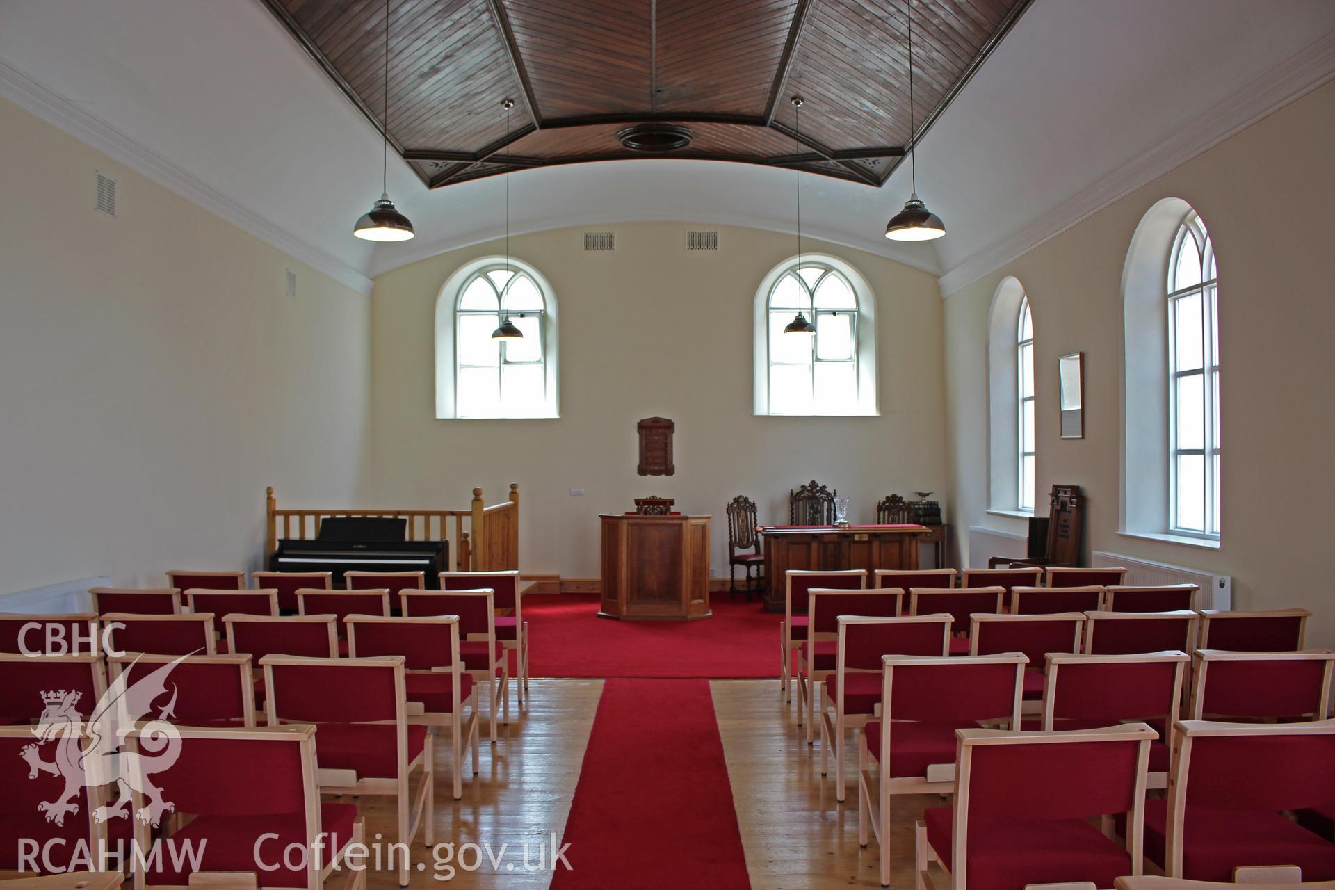 Bethel Independent Chapel, Pen-Clawdd, vestry interior looking west.