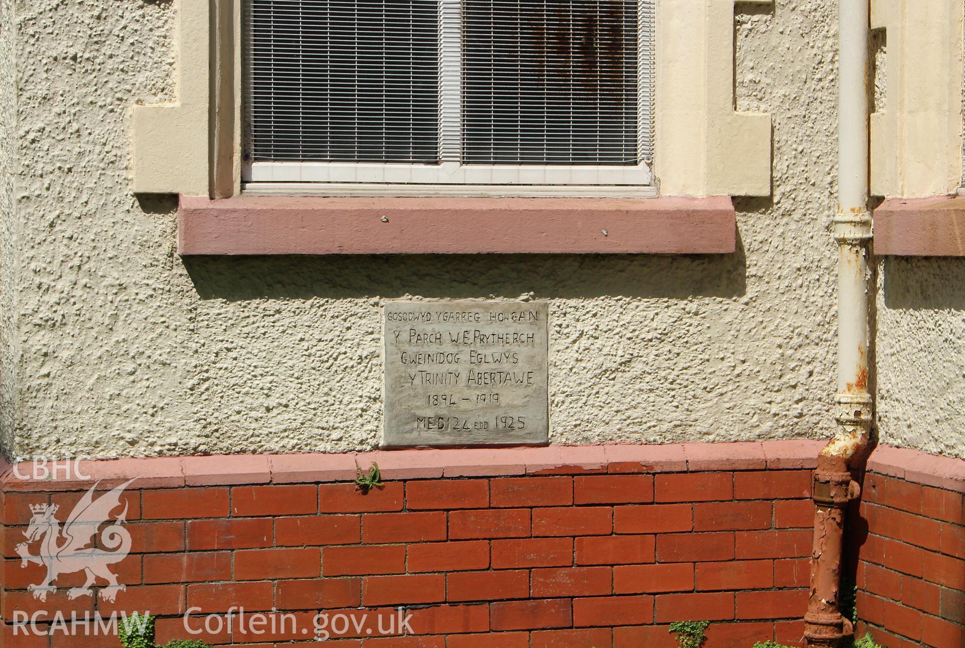 Trinity Chapel, Sketty, detail of commemorative plaque on vestry