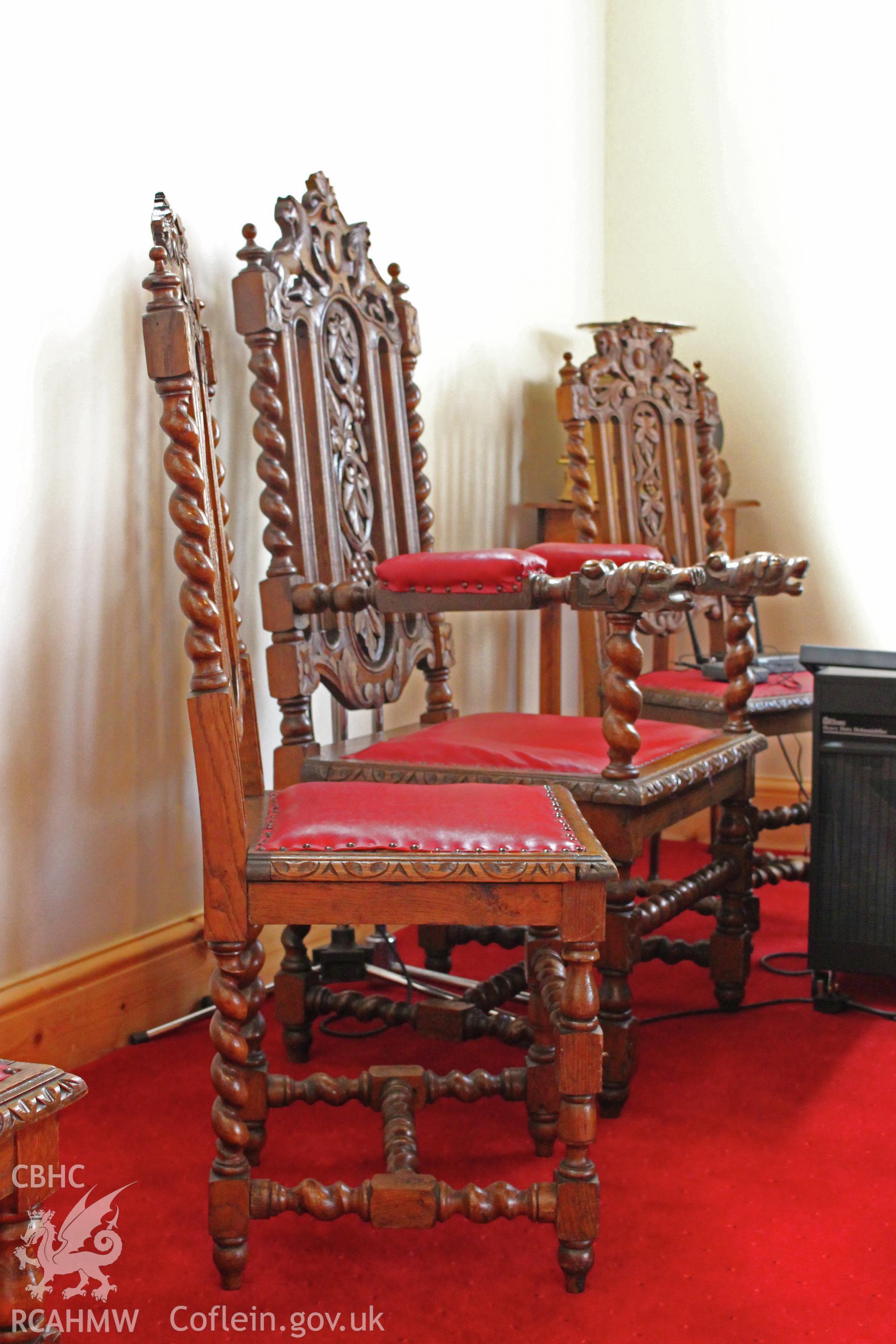Bethel Independent Chapel, Pen-Clawdd, detail of deacons' chairs in vestry.