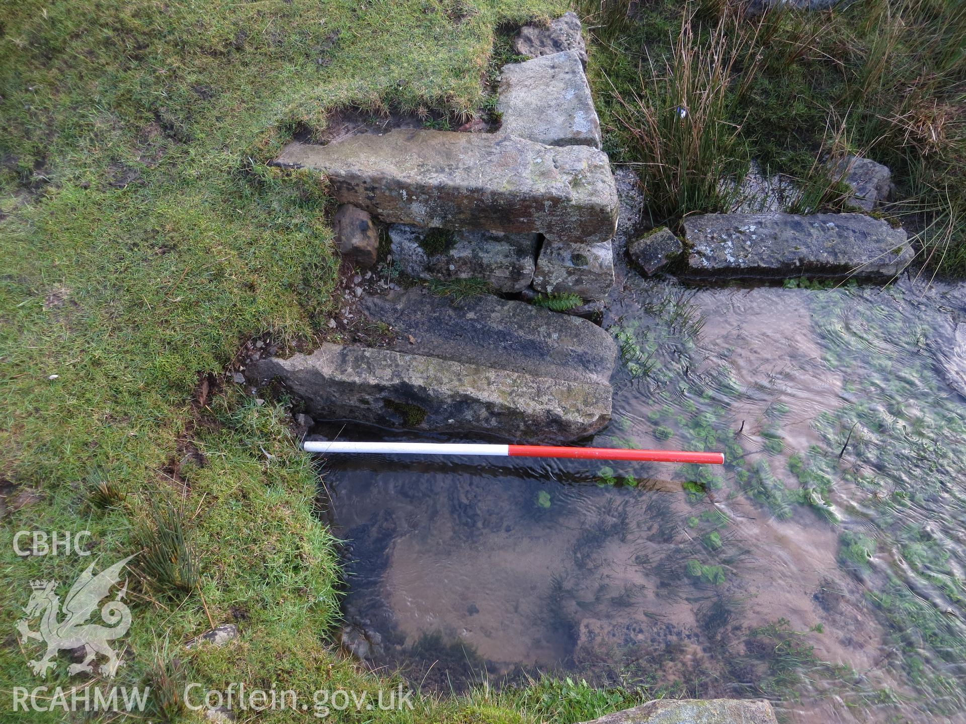 View of springhead masonry from above; 1m scale.