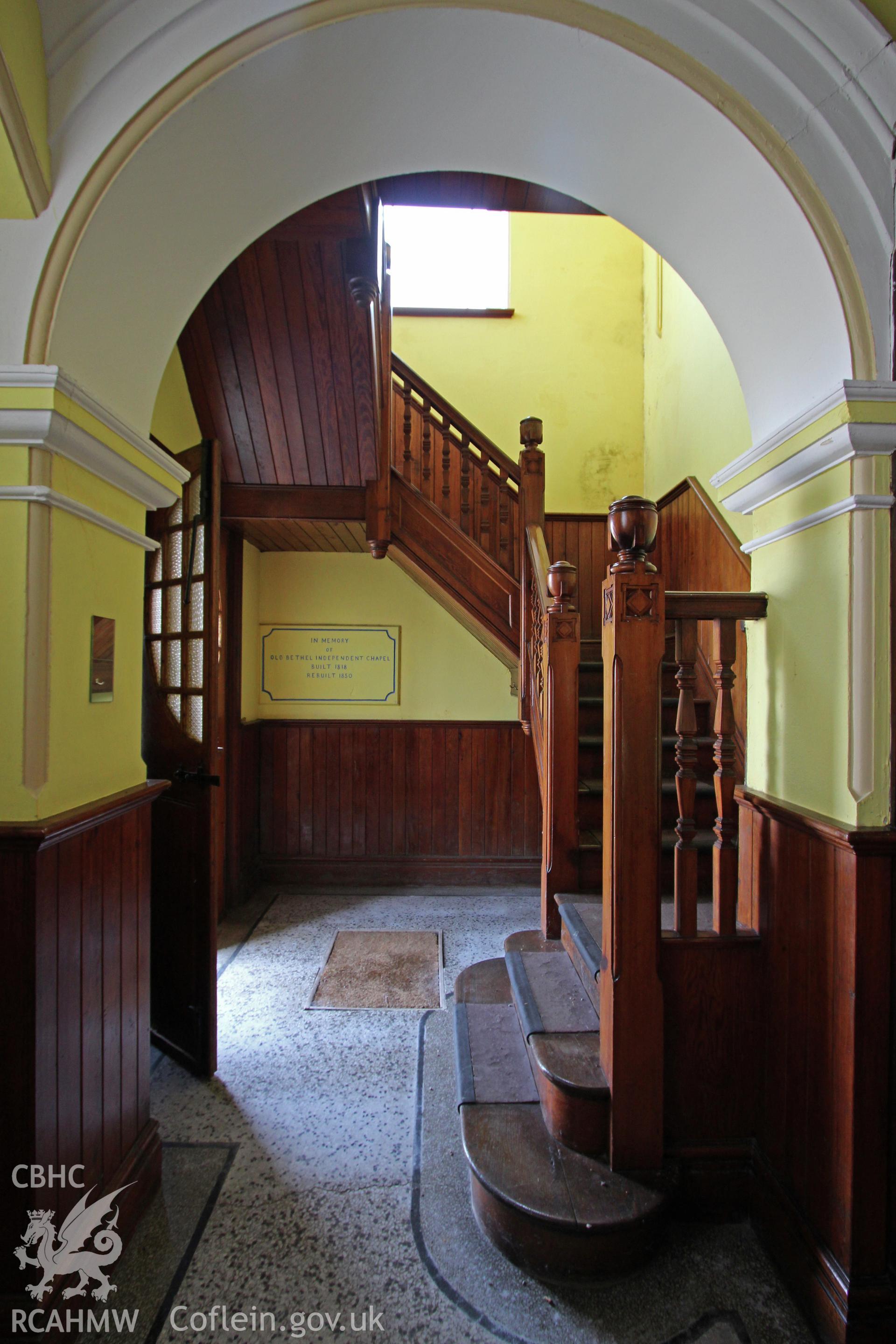 Bethel Independent Chapel, Pen-Clawdd, east end of vestibule showing gallery stairs