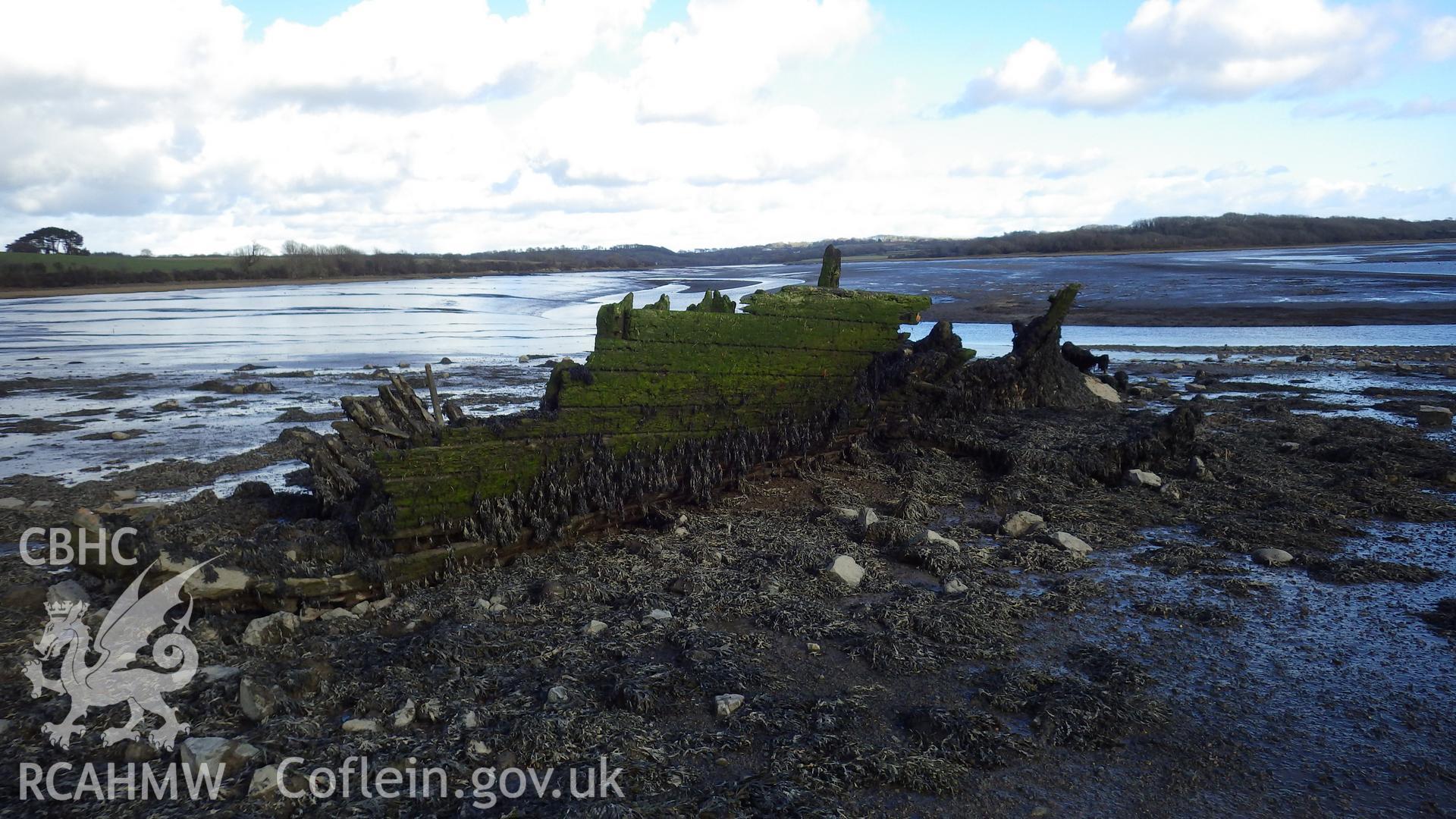 More intact bow and port side of wreck viewed from the west