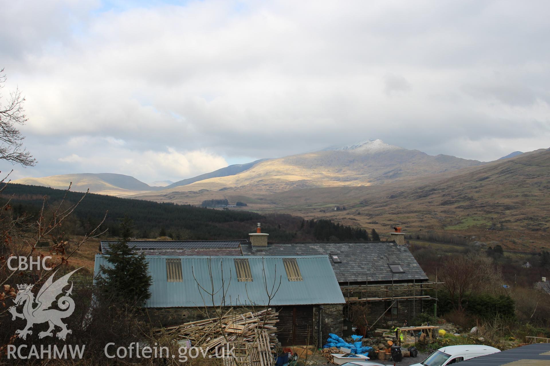 Exterior: Hafodruffydd-uchaf and dower house, viewed from south, with Snowdon in background.