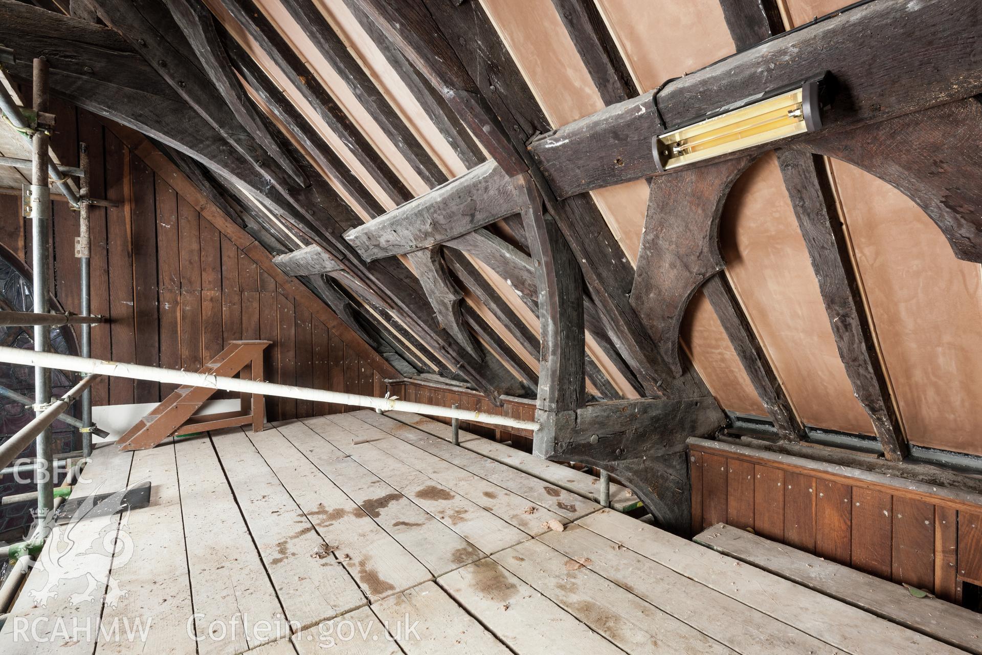 Roof frame, showing cut tie-beam with steel bar replacement