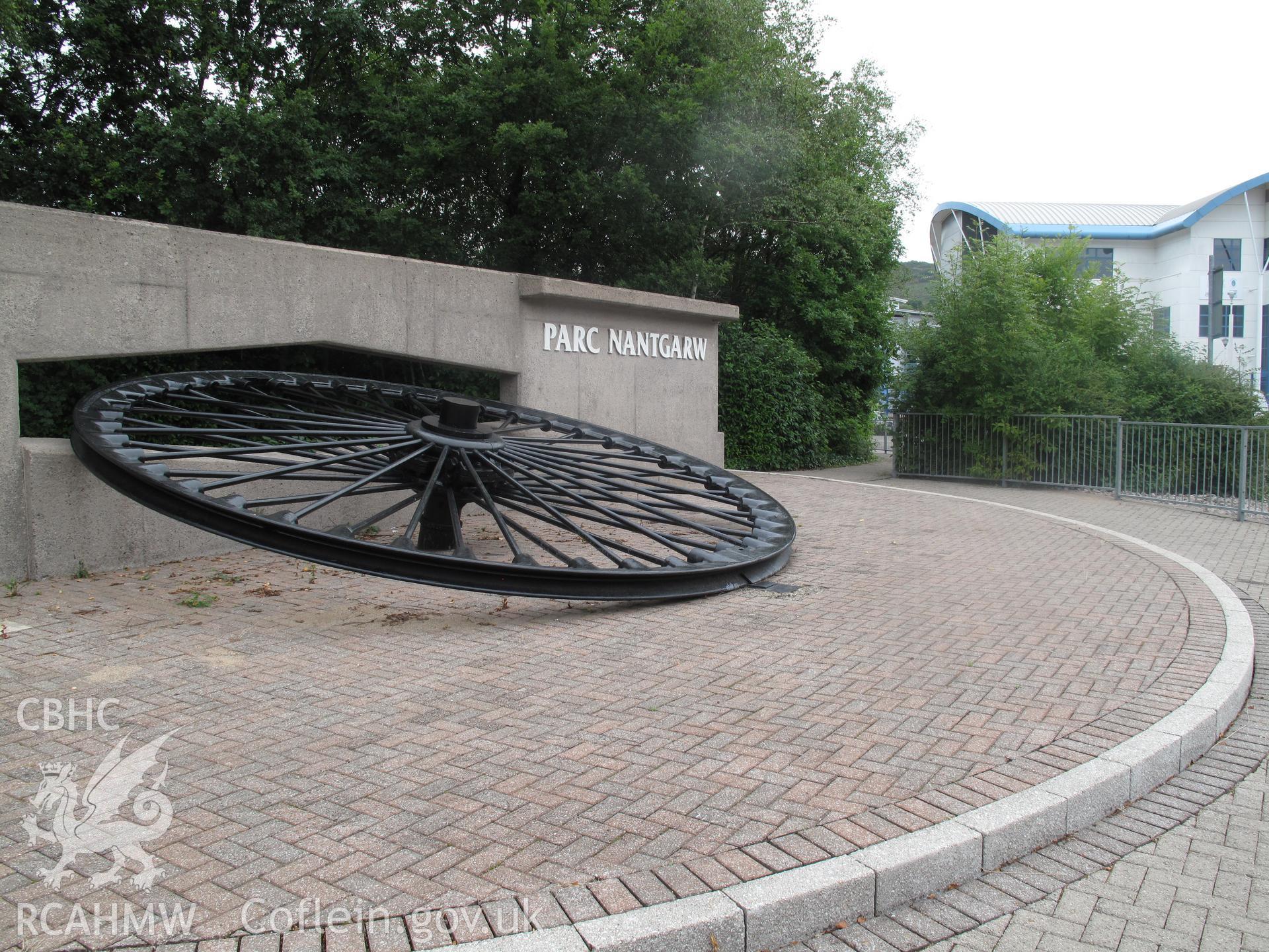 View of the former headgear sheave at Nantgarw Colliery memorial monument.