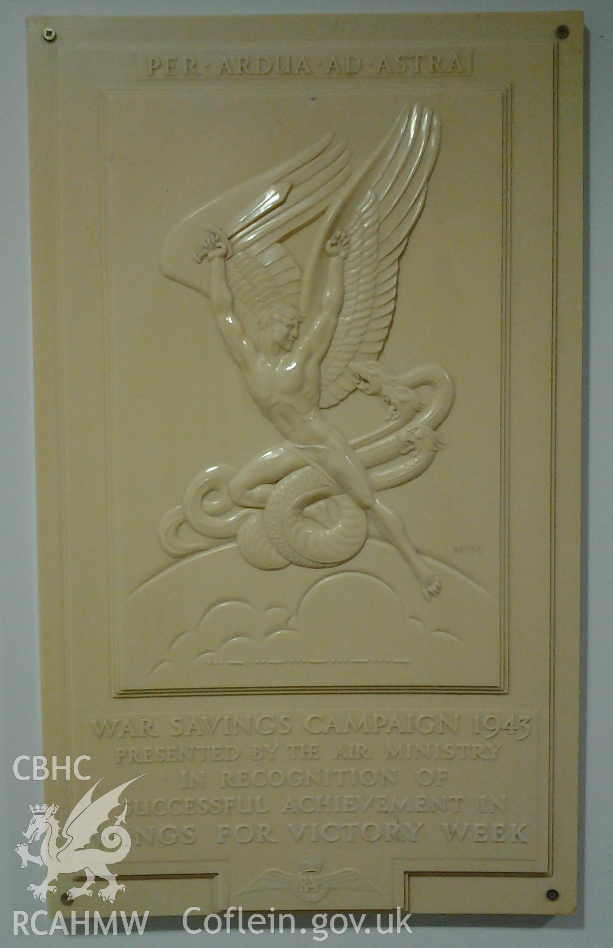 Plaque commemorating Towyn's contribution to Wings for Victory Week campaign