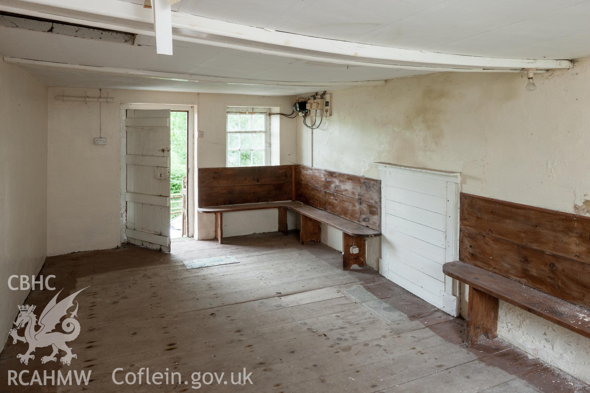 Interior of upstairs school room, looking east