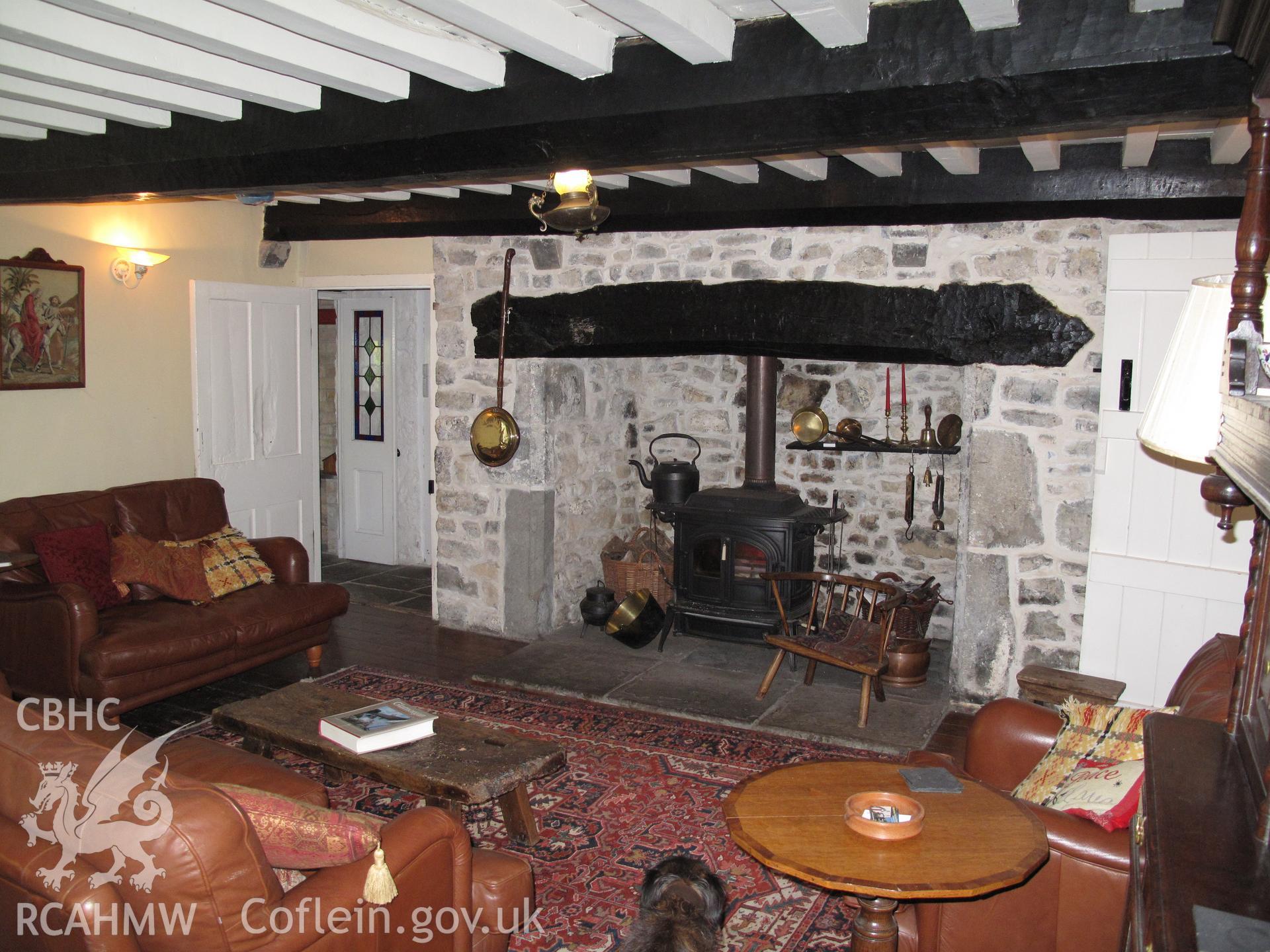 Hall showing main gable entry and fireplace, Moorshead Farmhouse, Sigingstone.