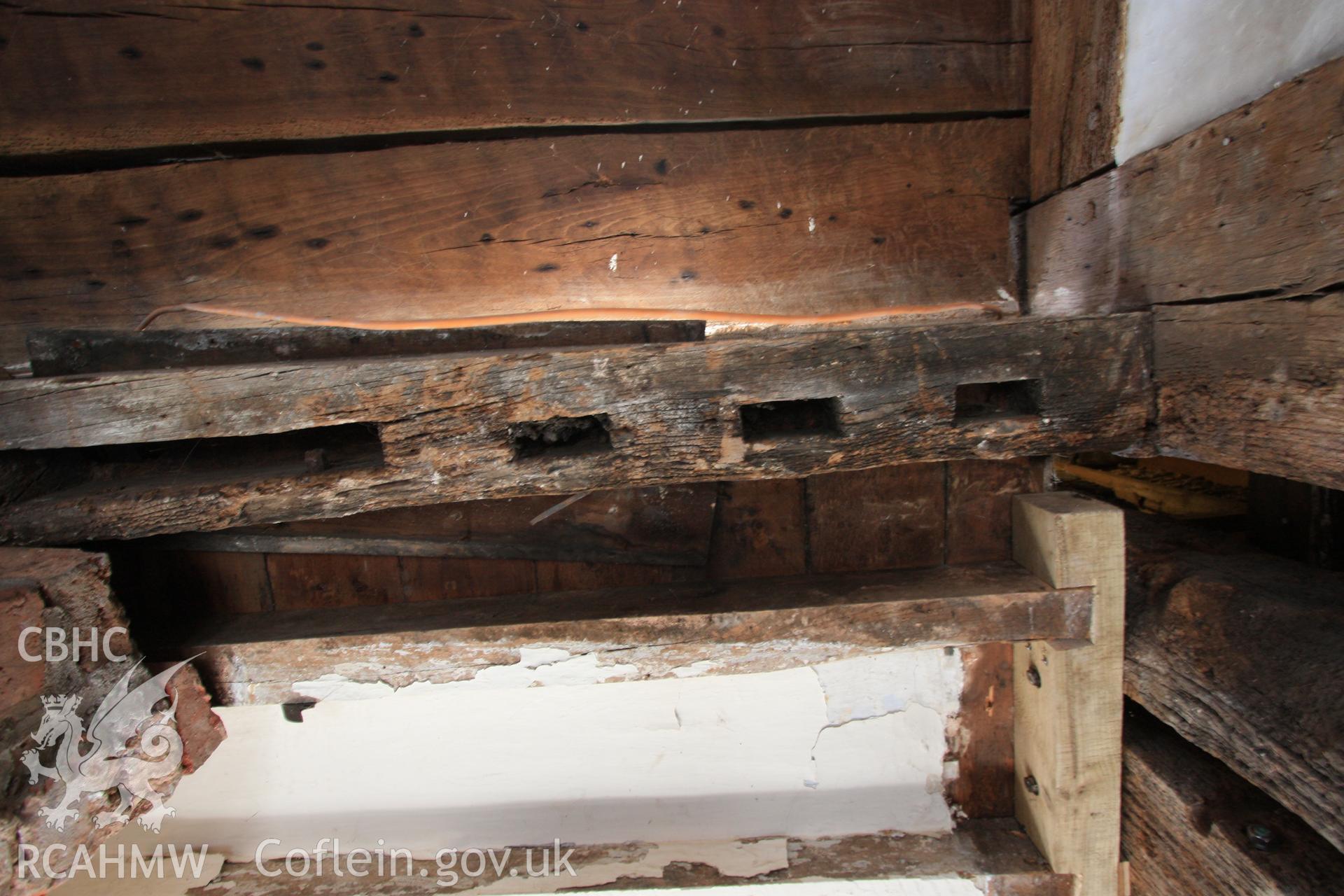 Interior: mortices for mullion window and mortice for stud.