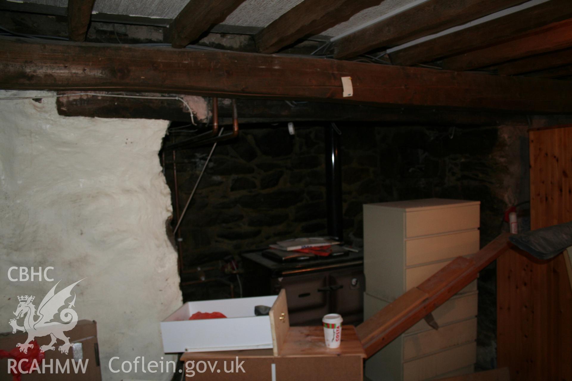 Interior: Fireplace in kitchen.