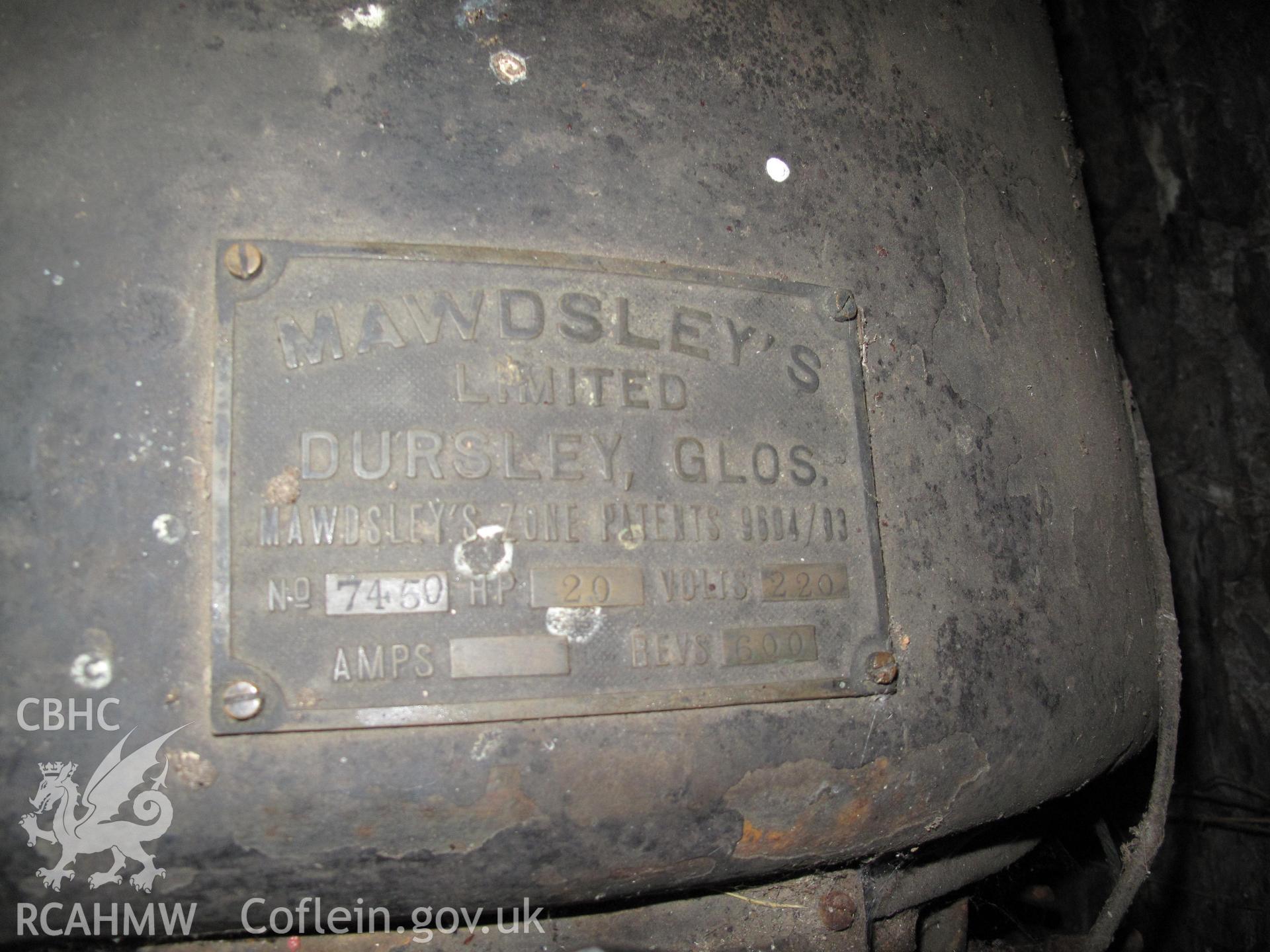 Maker's plate on generator at Ceulan Turbine, Talybont.
