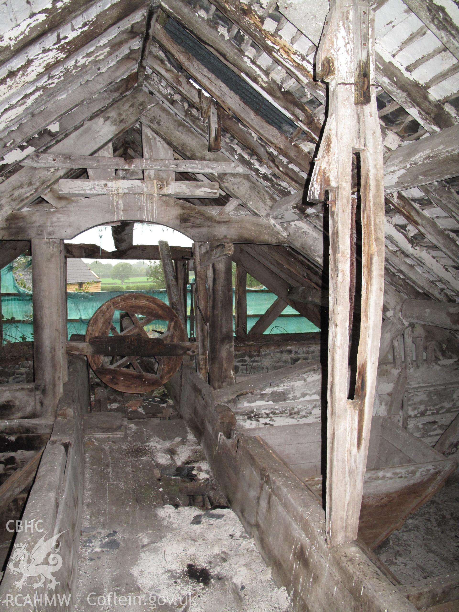 Attic showing grain bins and sack hoist, Rhydlydan Mill, Aberhafesp.