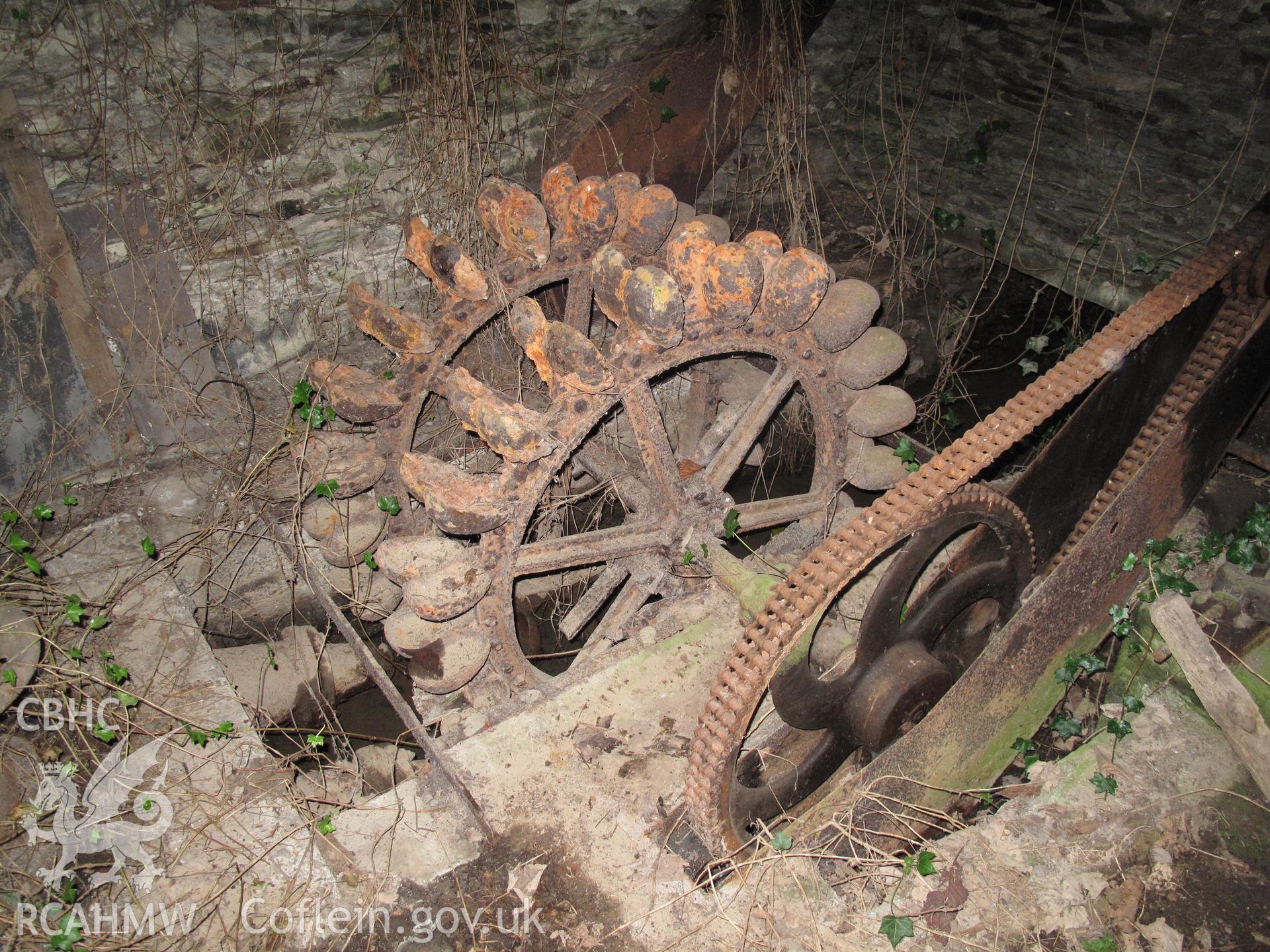 Twin Pelton wheels and chain drive at Ceulan Turbine, Talybont.