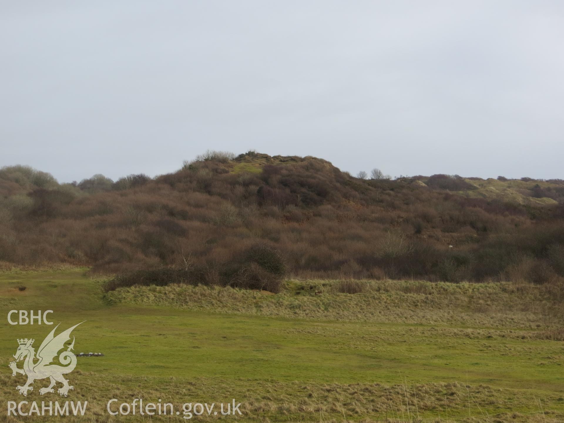 View of rifle mound from 300 yard firing position; Cog-y-brain 'stop butt' in distance rising above target area in trees.