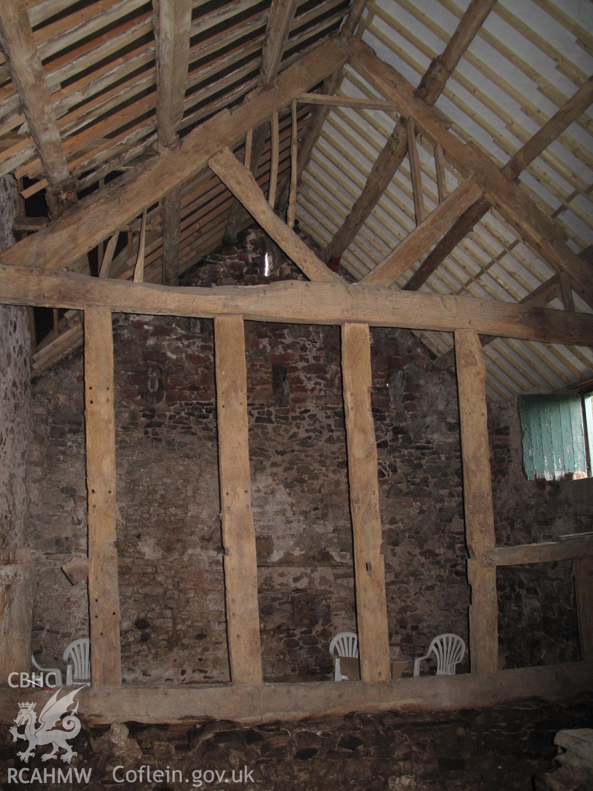 Timber framing of Maes-y-coed Farm outbuilding.