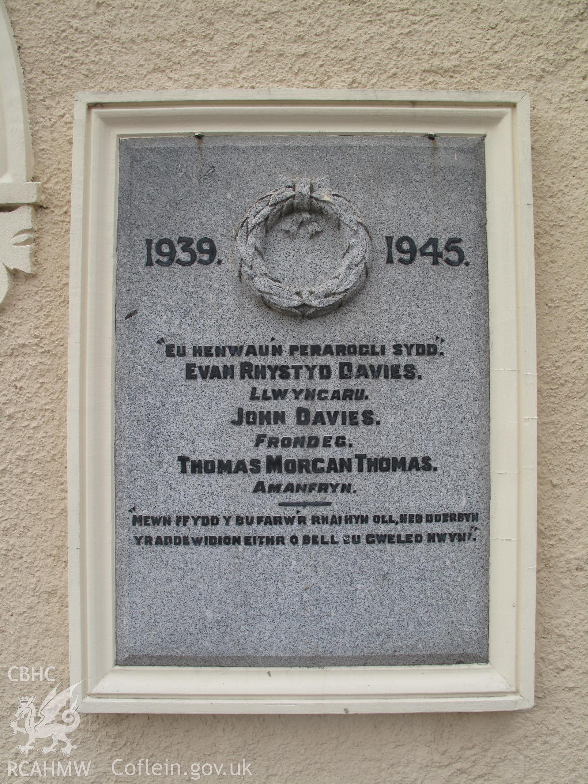 Detail of Second World War plaque on the Memorial Hall, Tregaron.