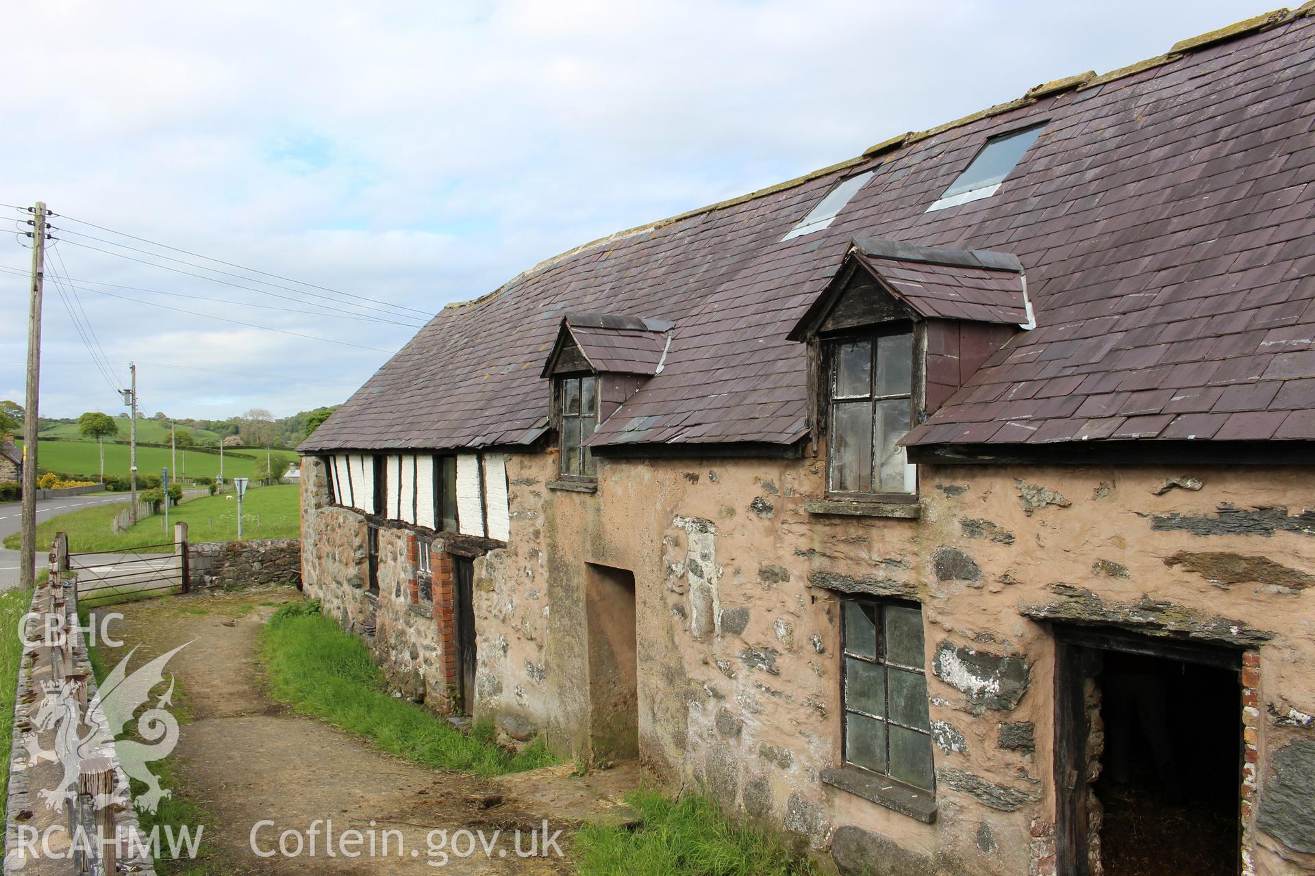 Exterior; View along west elevation from south, showing both barn and house