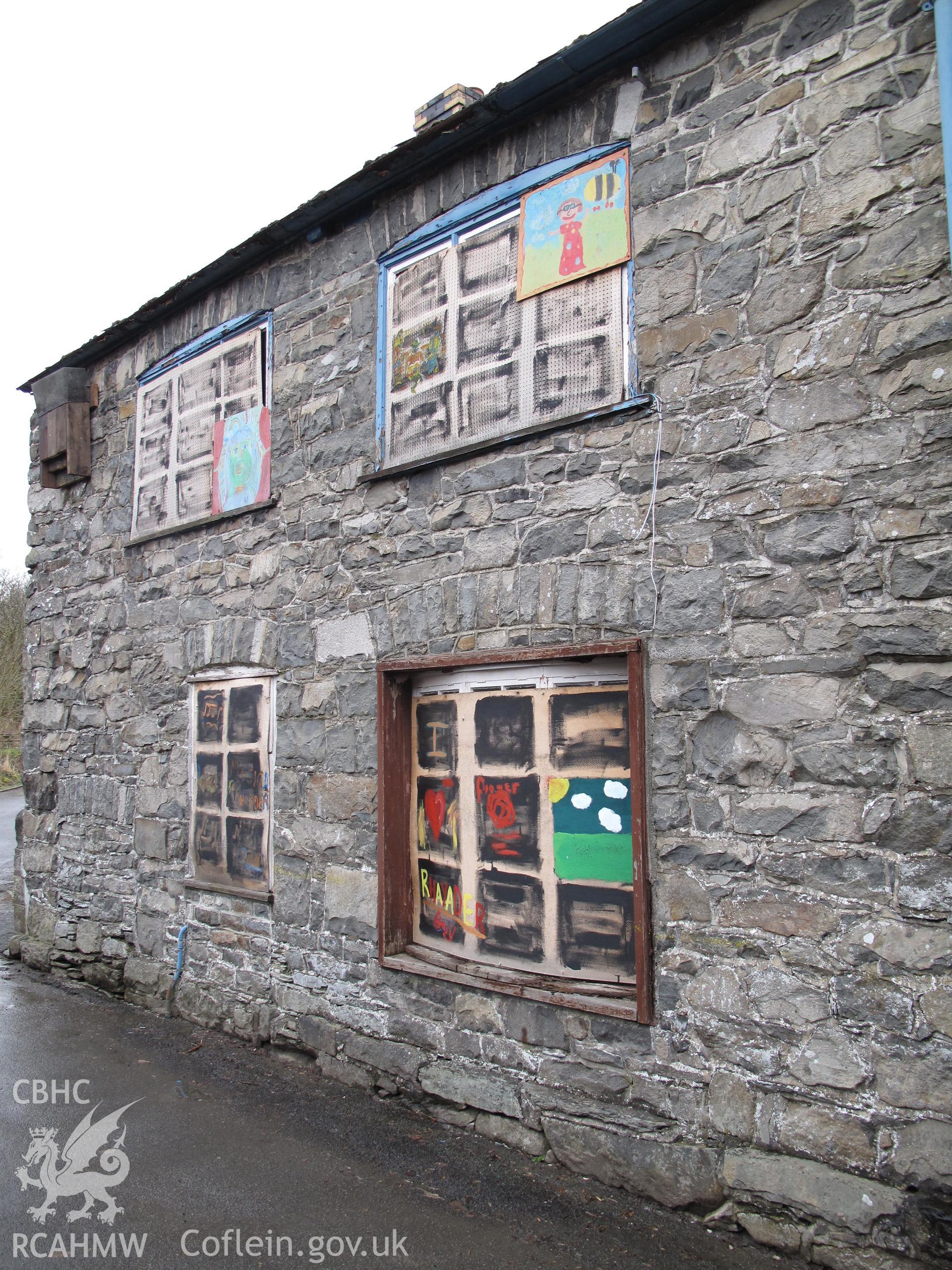 Position of outlet from internal waterwheels at west end of south wall, Castle Leather Works, Rhayader.