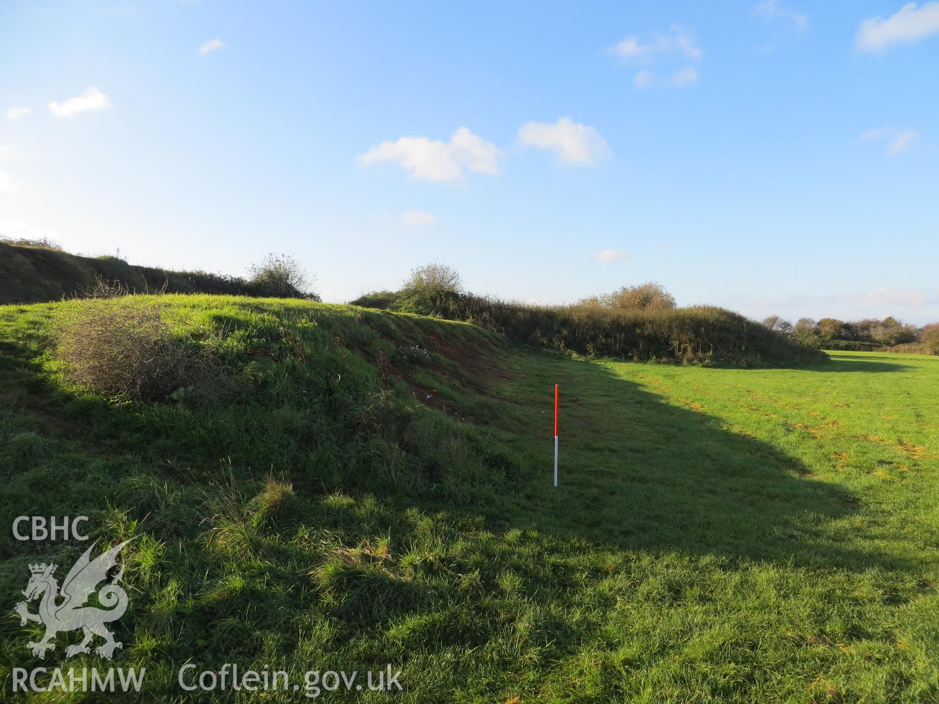 View of target mound looking south-west; 1m scale.