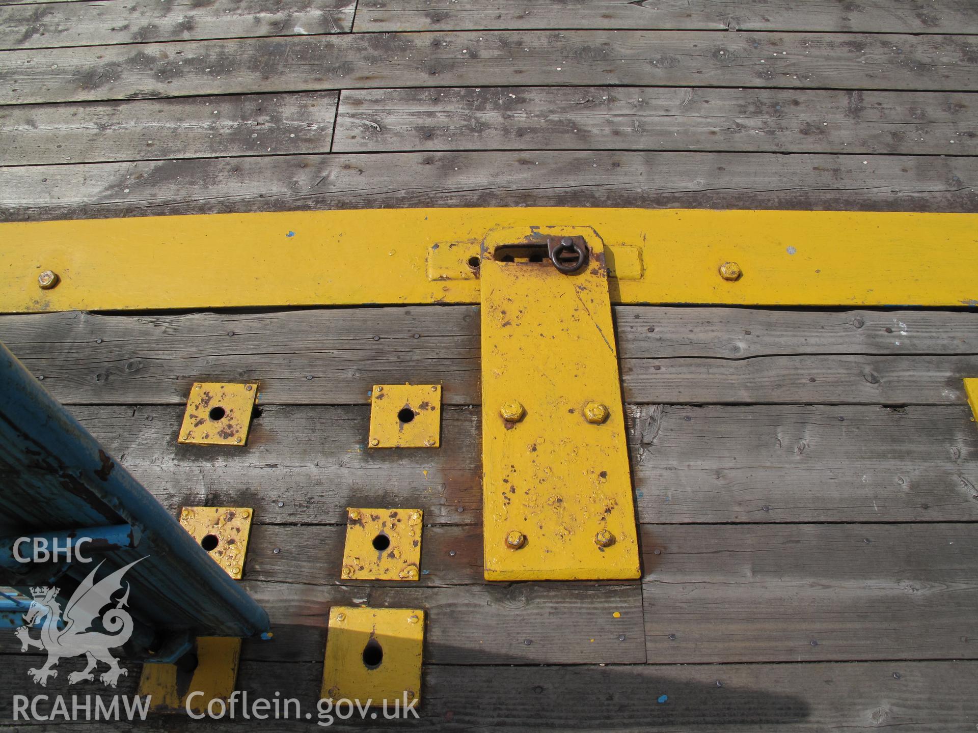 Detail of locking mechanism for gondola, western landing, Newport Transporter Bridge.