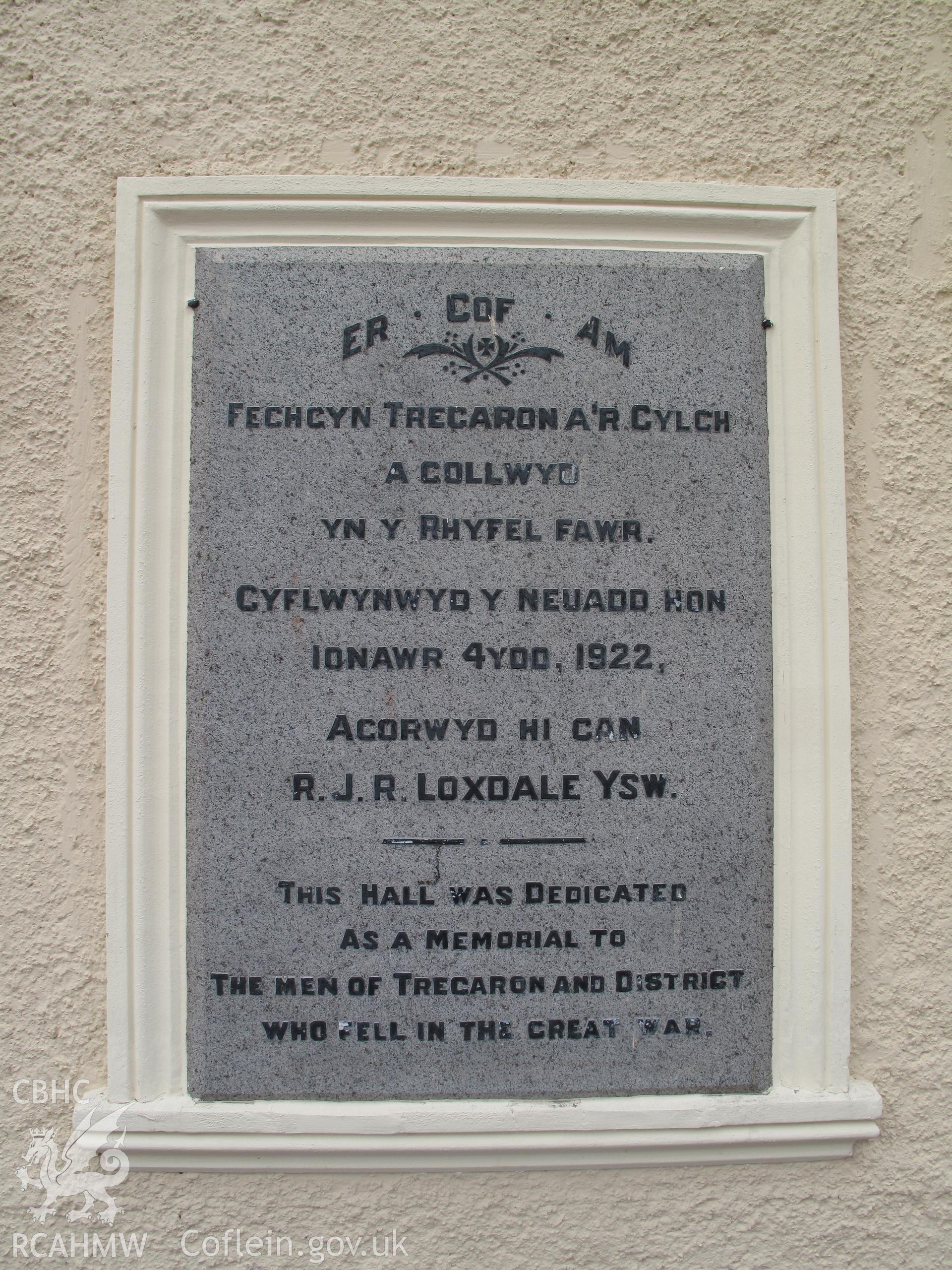 Detail of dedication stone plaque on the Memorial Hall, Tregaron.