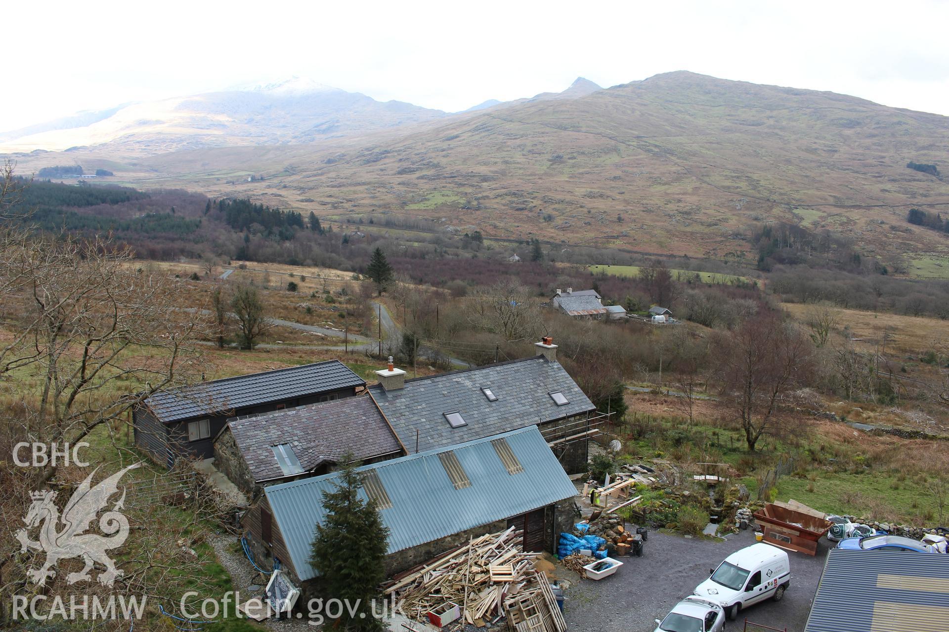 Exterior: Hafodruffydd-uchaf and dower house, viewed from south-west, with Snowdon in background.