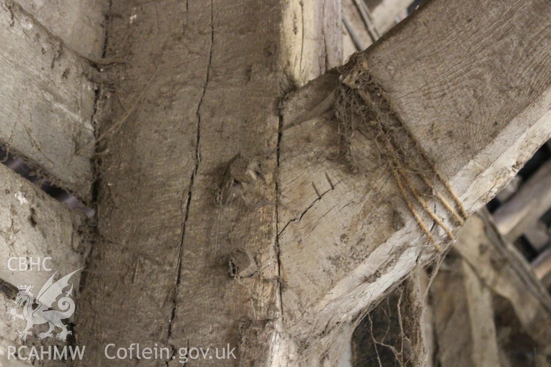 Interior; detail of pegging and carpenters marks to up-bracing.