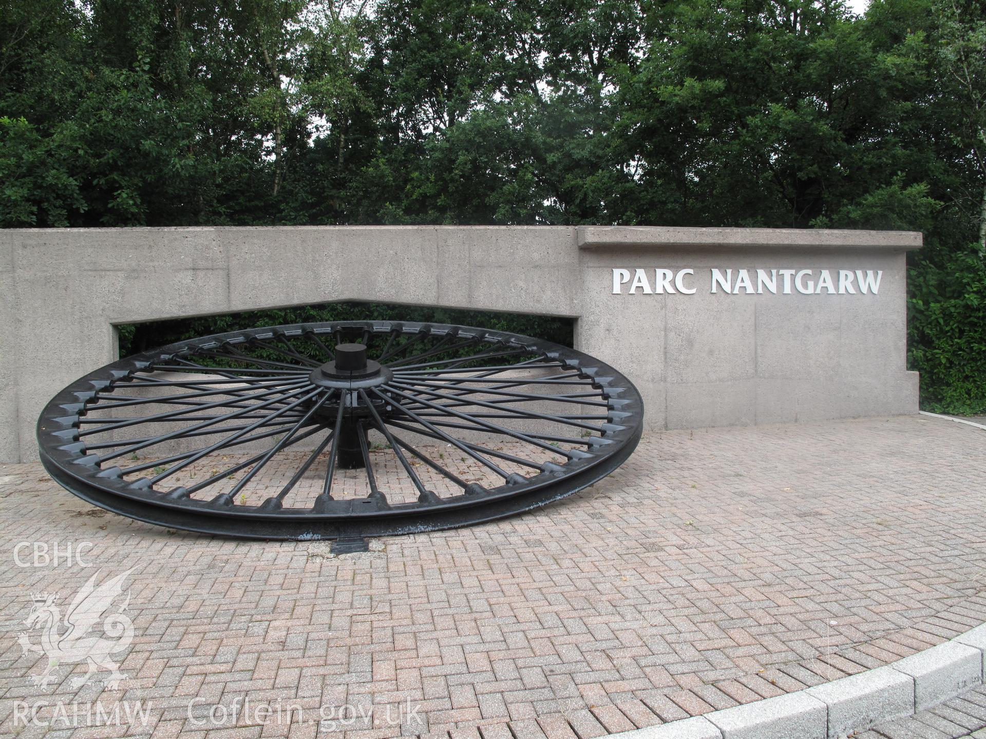 View of the former headgear sheave at Nantgarw Colliery memorial monument.