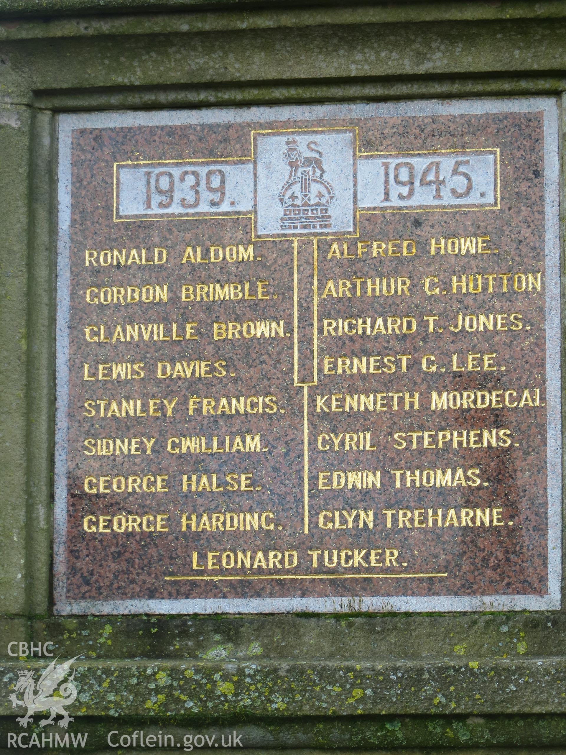 South-east face of pedestal, Second World War inscription.
