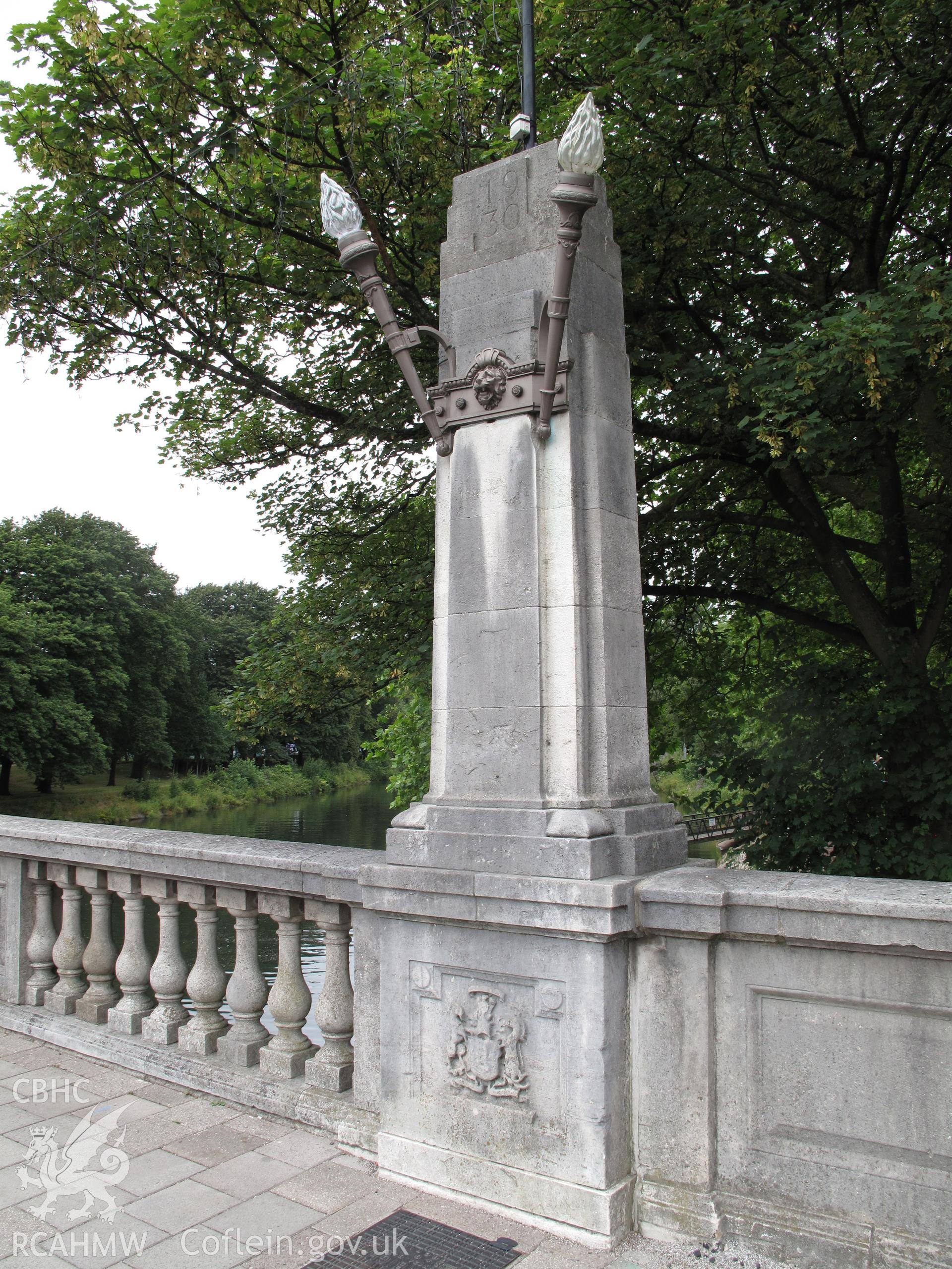 Detail of stone lamp pillar on north side of Cardiff Bridge.