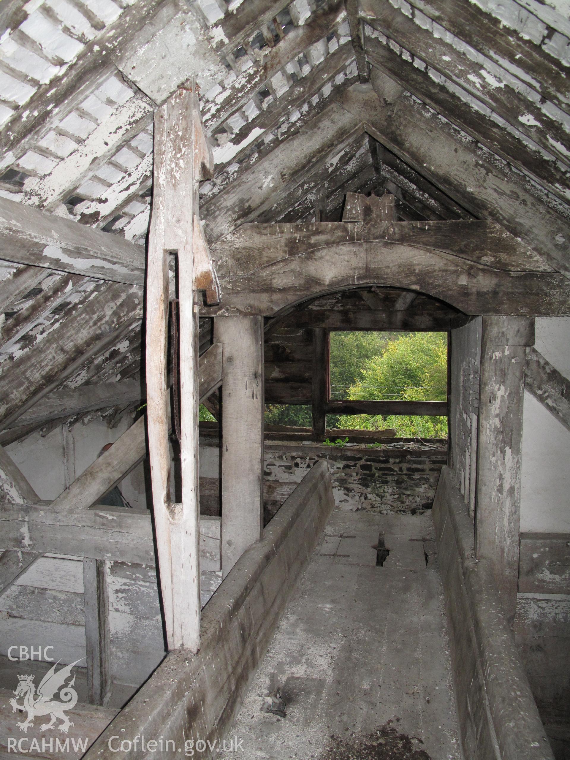 Attic showing grain bins, Rhydlydan Mill, Aberhafesp.