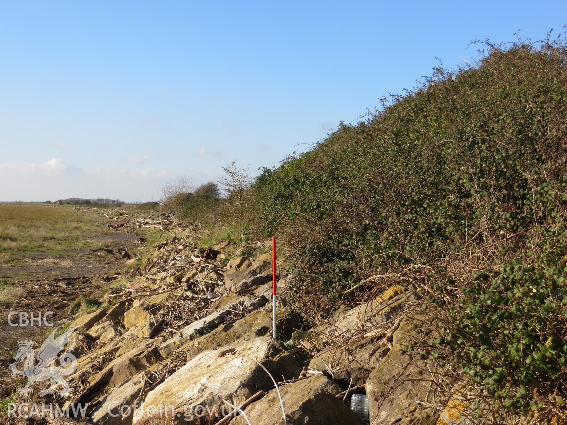 Rear, estuary-side, view of stop-butt; 1m scale.
