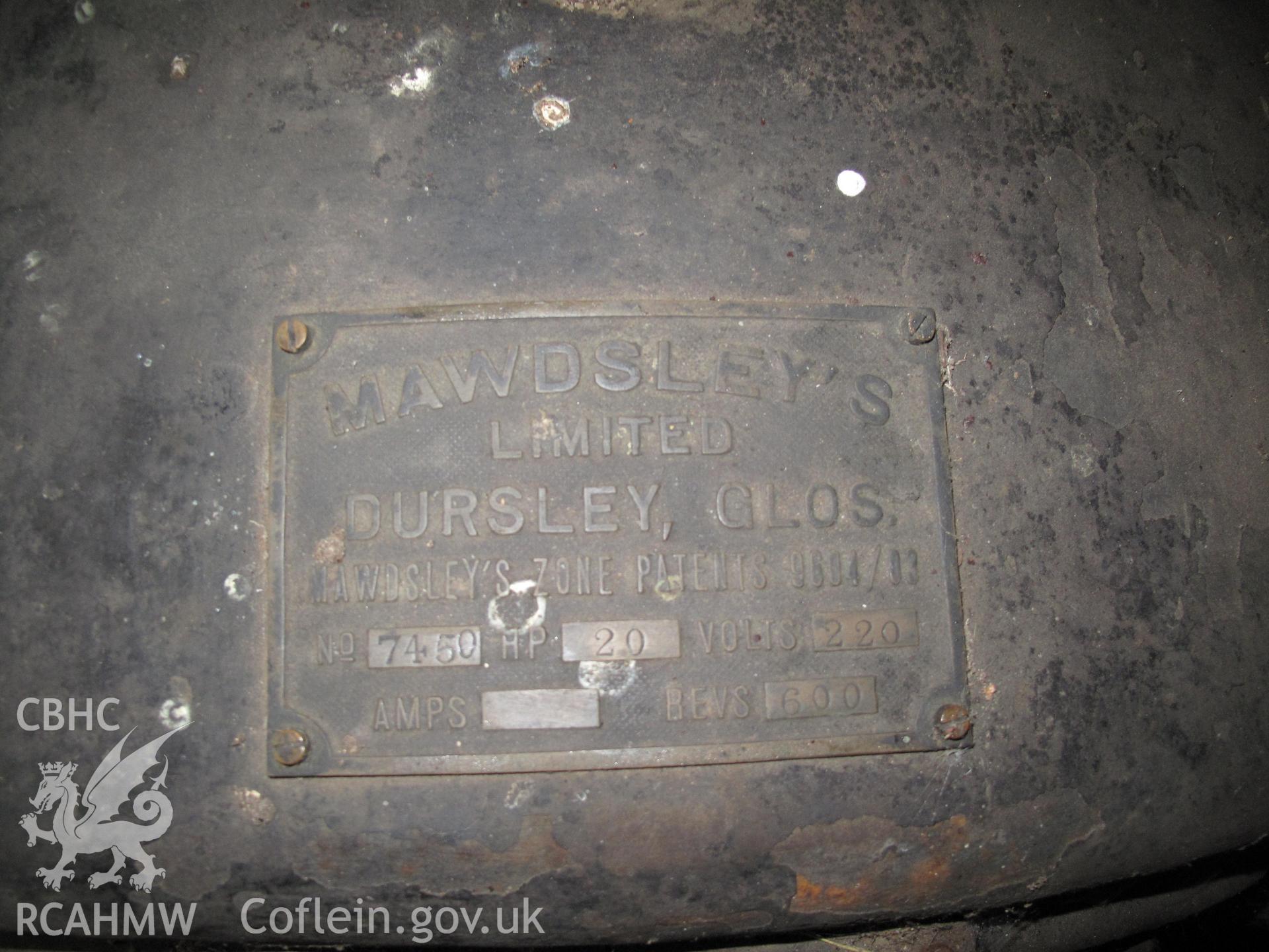 Maker's plate on generator at Ceulan Turbine, Talybont.