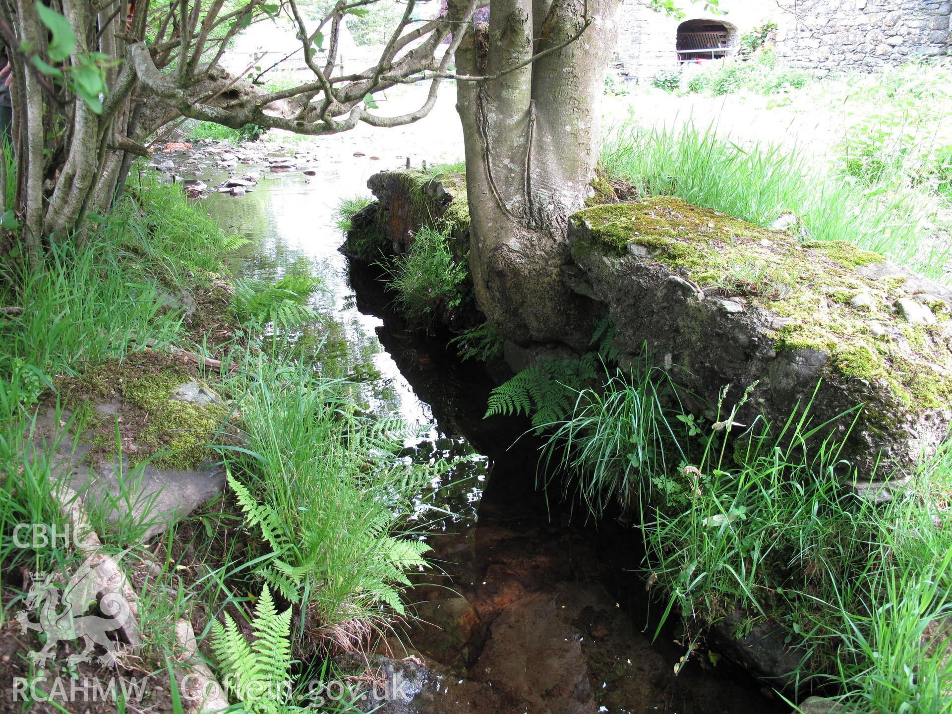 View from the south of the waterwheel pit, Great Abbey Farm, Strata Florida.