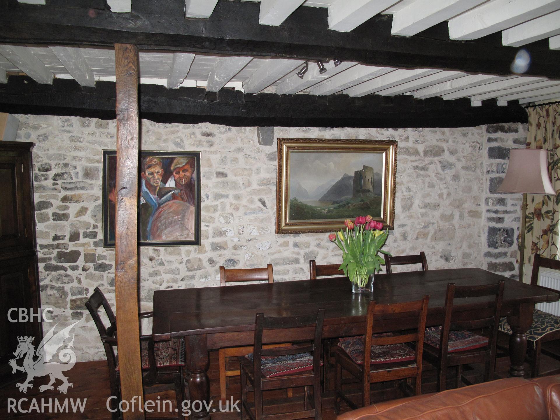 Hall showing rebuilt east gable wall and partition beam, Moorshead Farmhouse, Sigingstone.