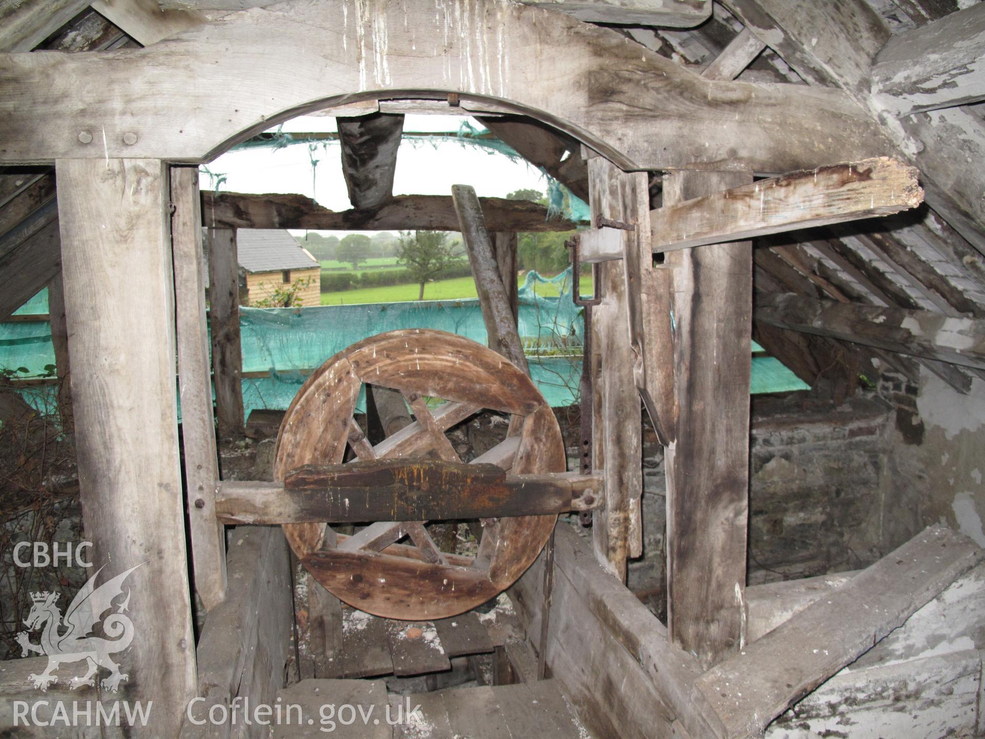 Attic showing detail of sack hoist pulley, Rhydlydan Mill, Aberhafesp.