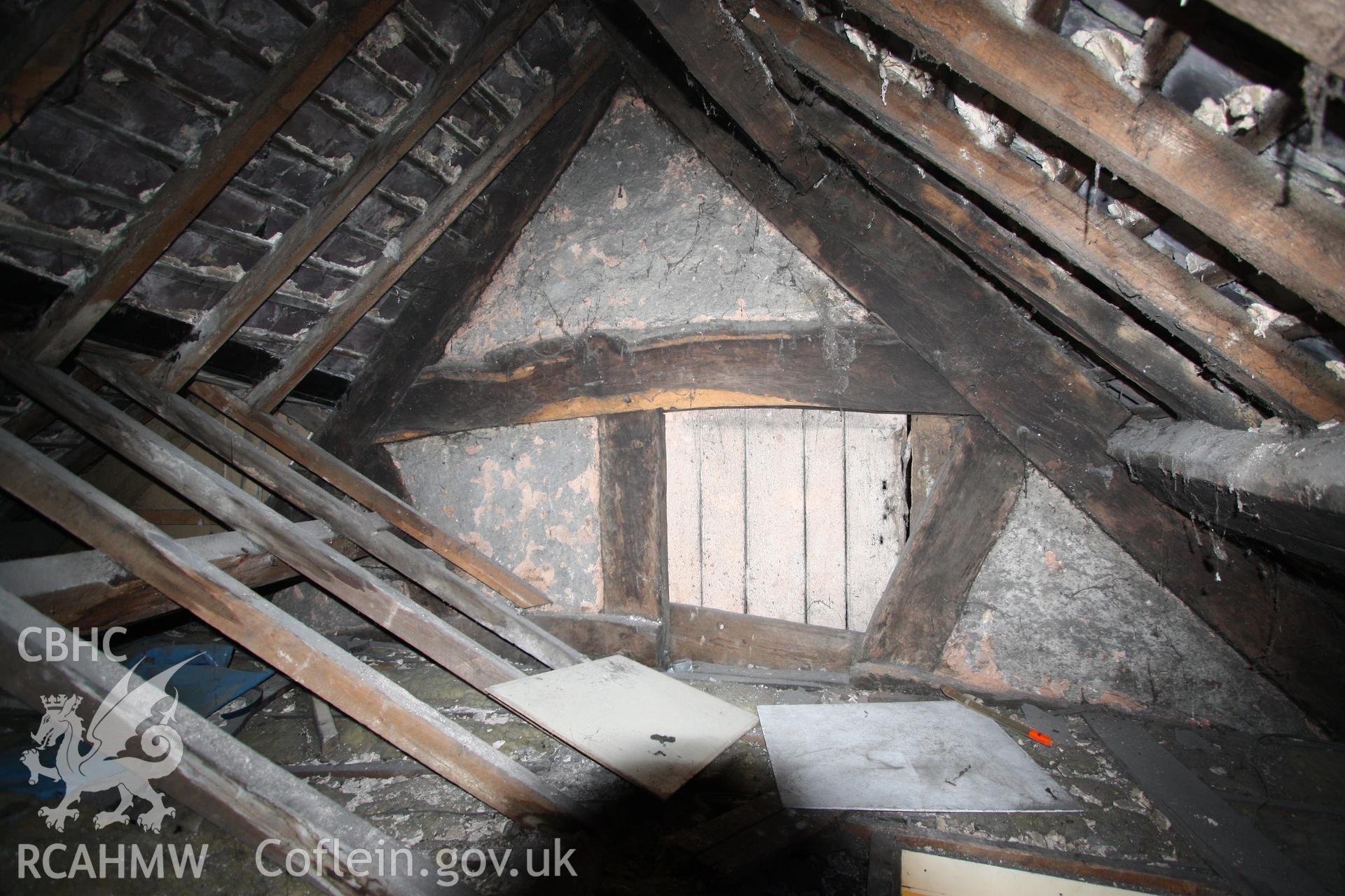 Interior: cross-wing 'principal rafter' truss, with raking struts, collar and trenched purlins.