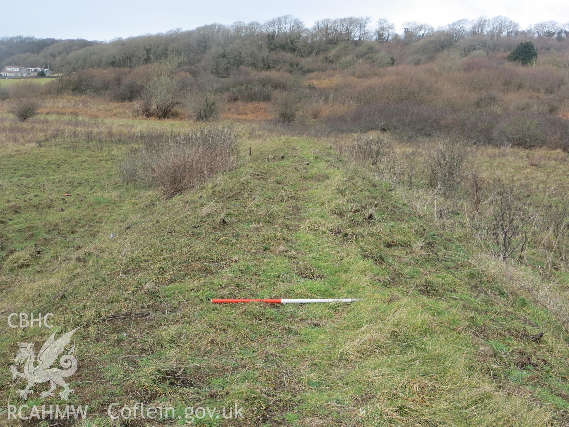 View north along top of mound; 1m scale.