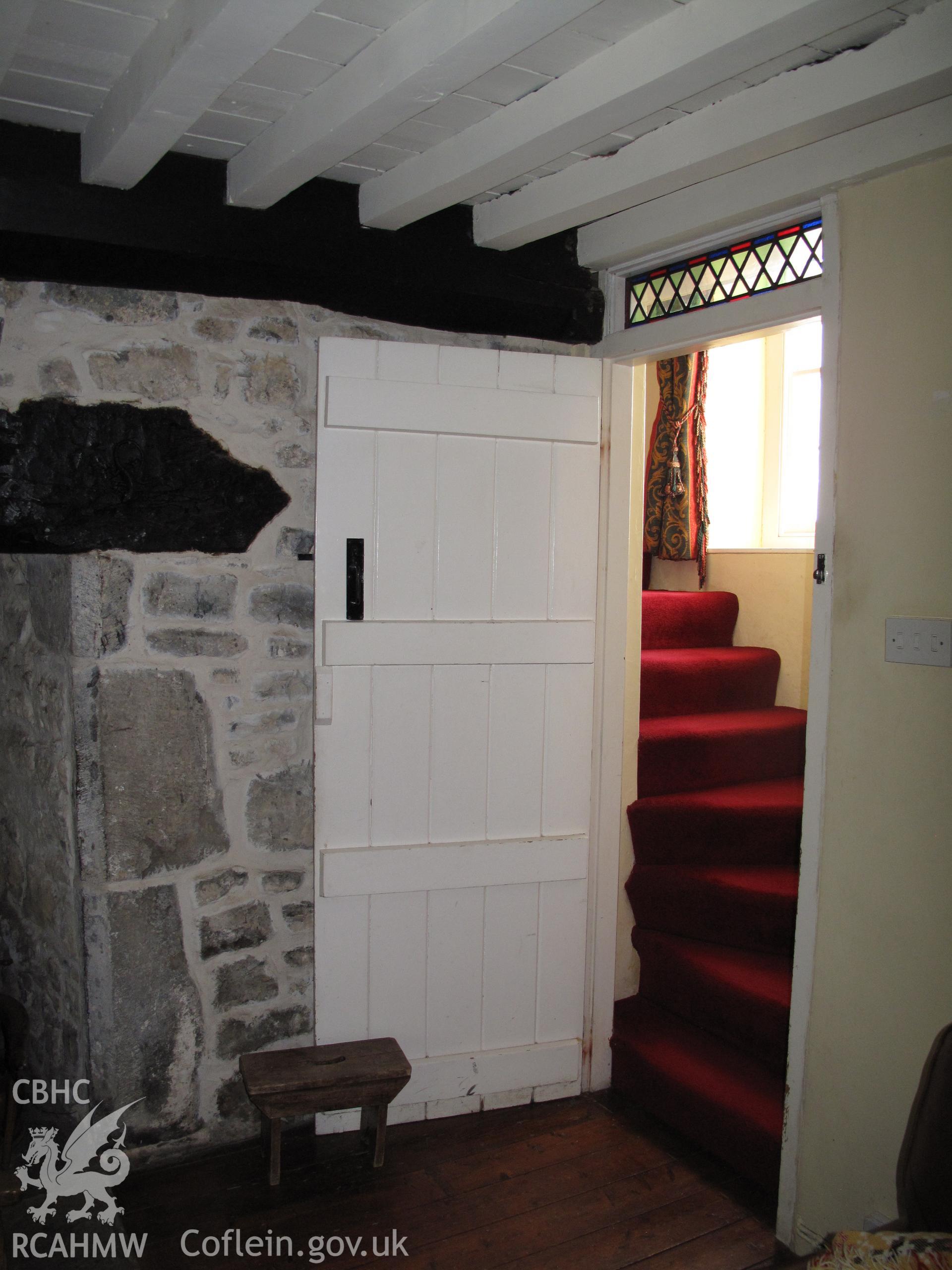 Hall showing corner of fireplace and stair, Moorshead Farmhouse, Sigingstone.