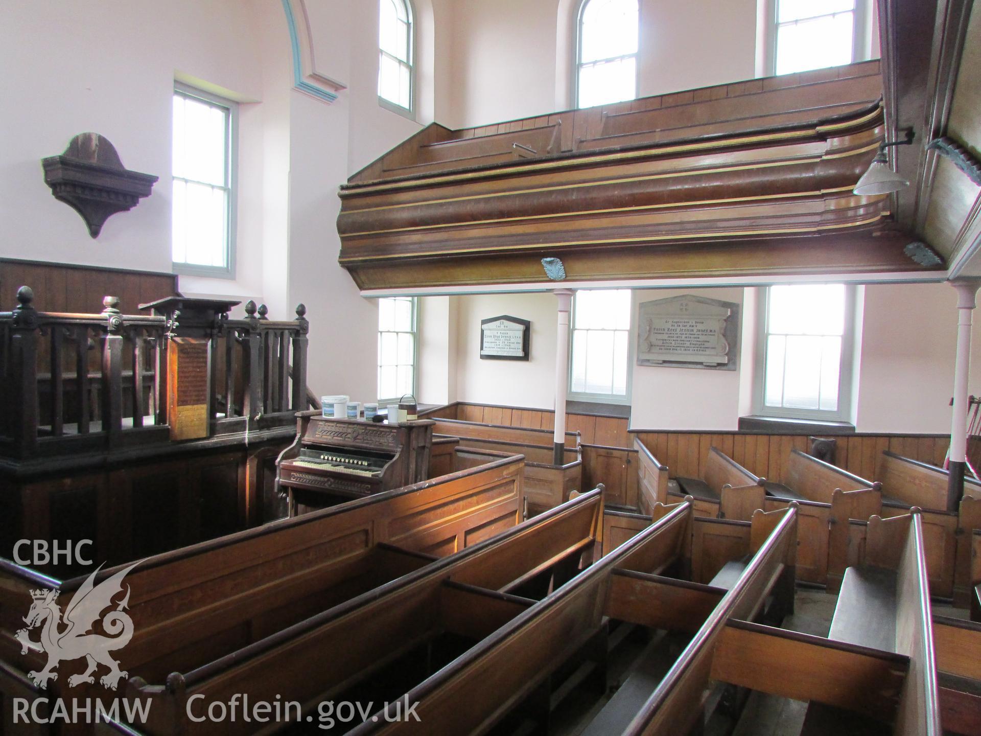 Interior view of Hen Dy Cwrdd Chapel, looking north-east towards pulpit.