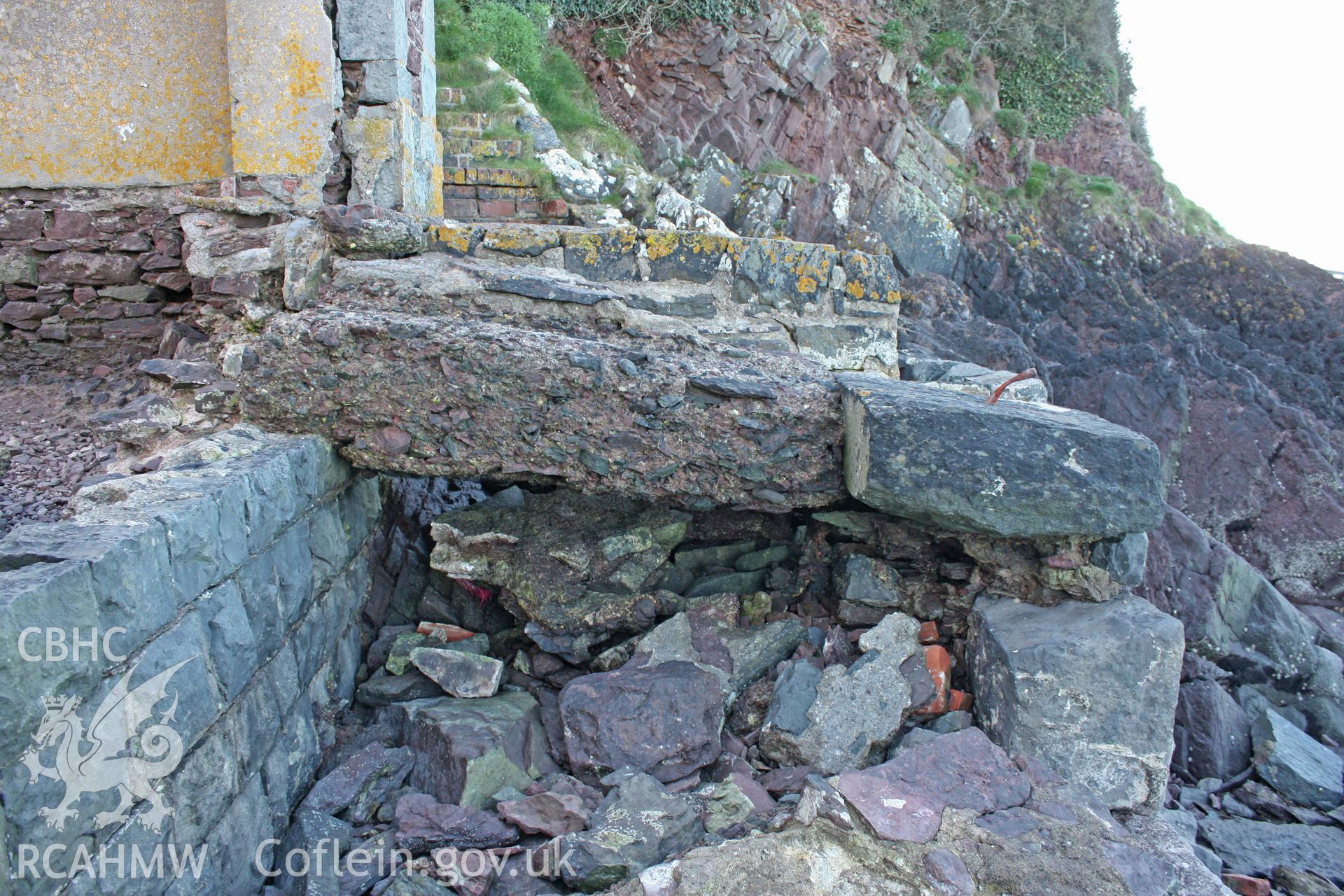 1st Angle Lifeboat Station, detail of collapsed remains of support for slipway at north-eastern extent of building