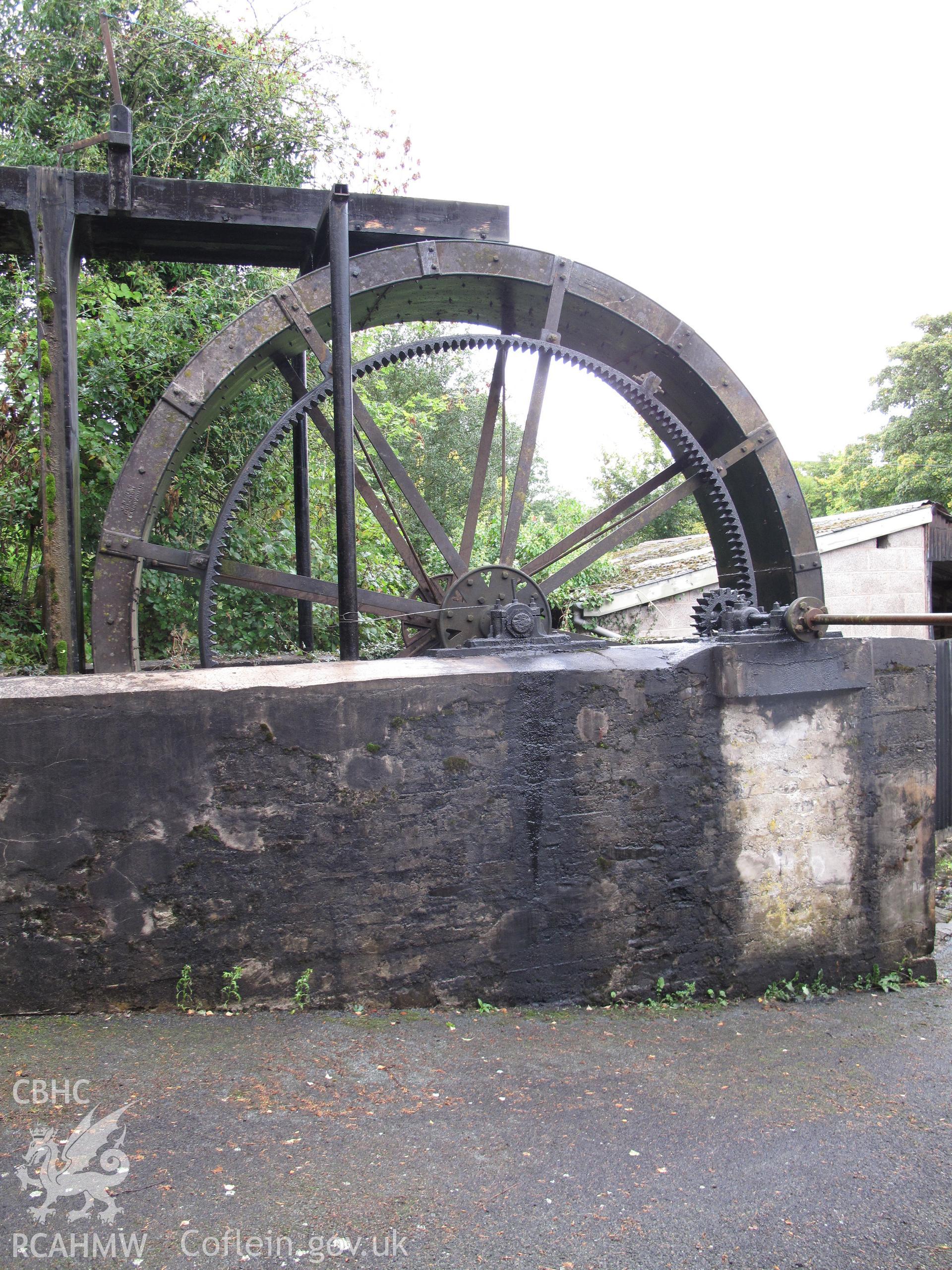 View from the southeast of the waterwheel at Pontdolgoch Sawmill.