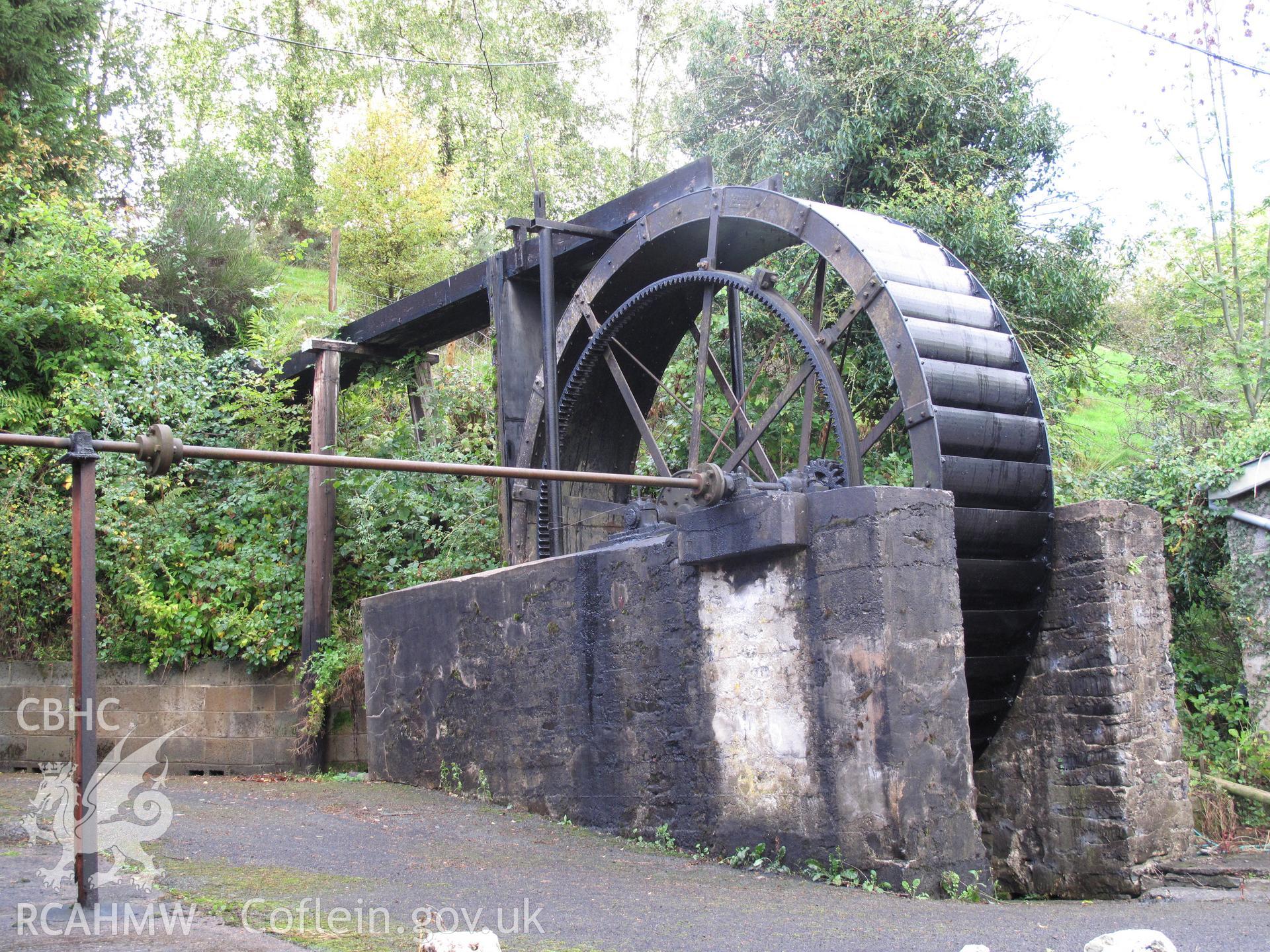 View from the east of the waterwheel at Pontdolgoch Sawmill.
