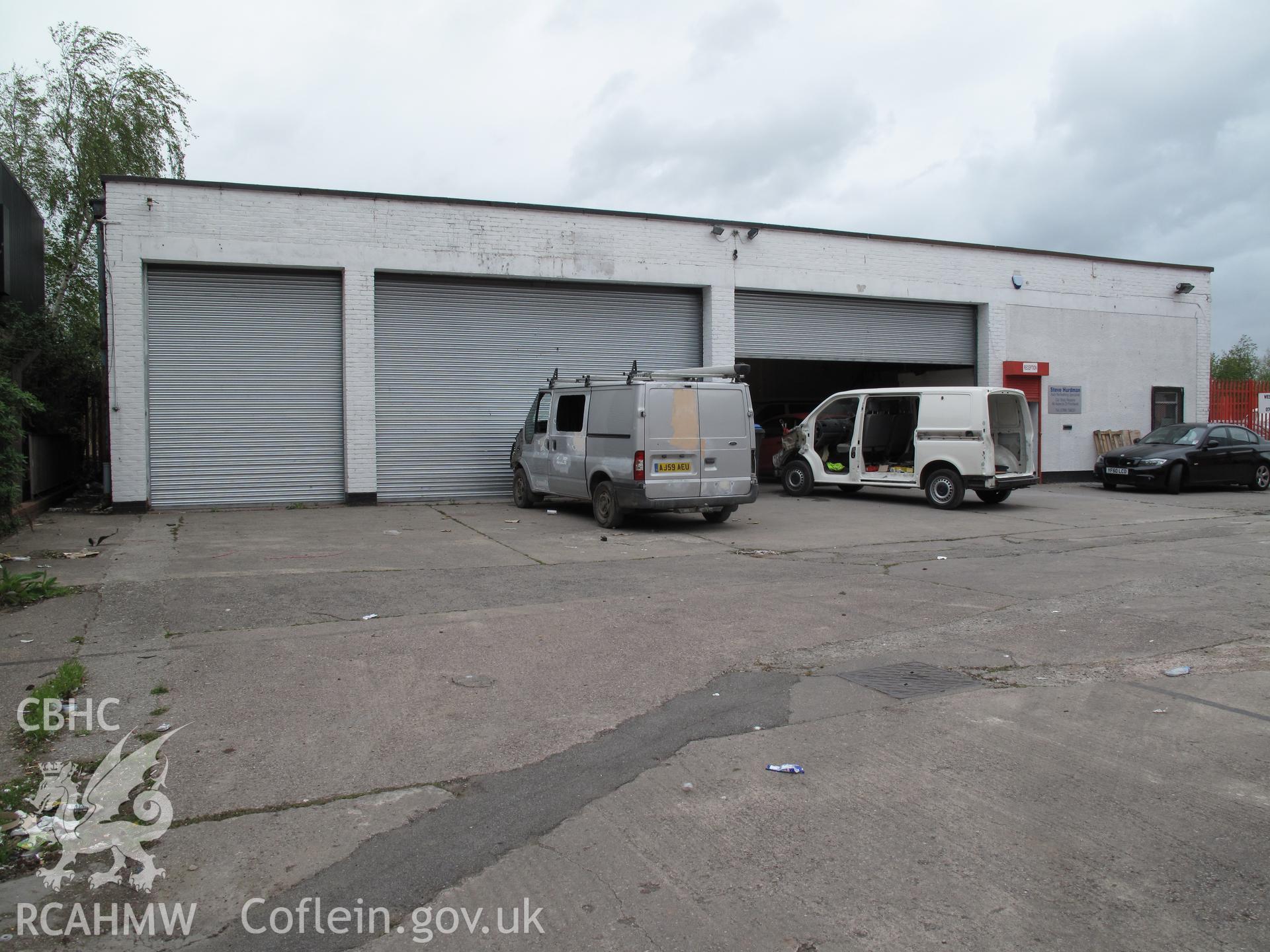 View from the southeast of the original garage building at the former F E Fox Biscuit Factory, Cardiff.