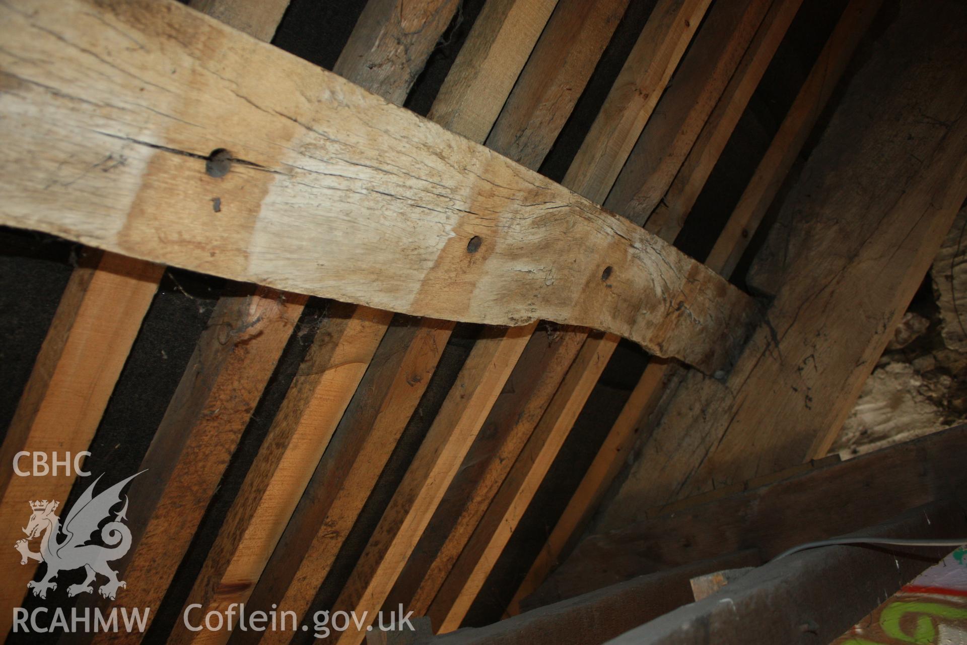 Interior; Purlin showing peg holes and shading of former rafters.