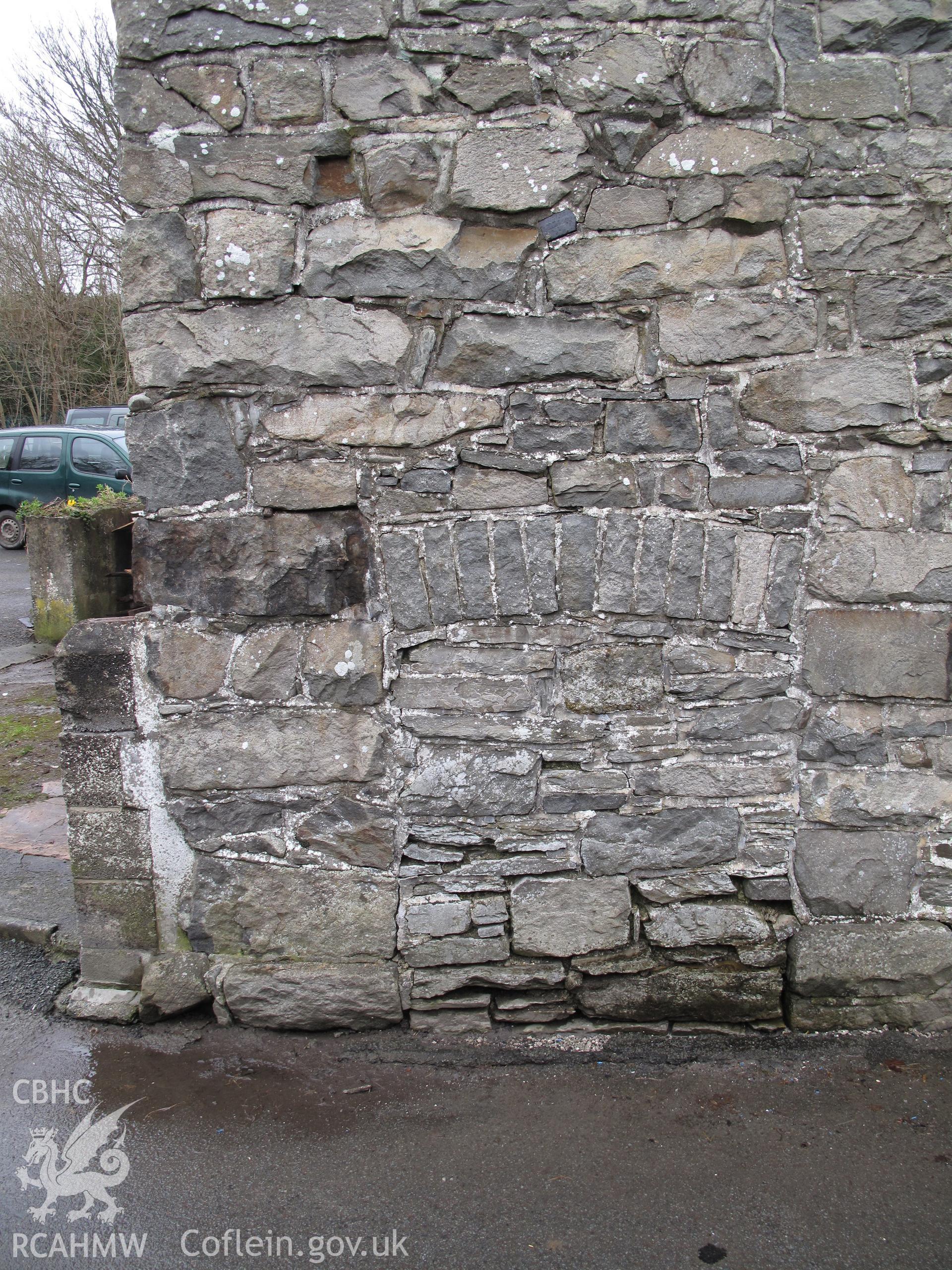 Blocked-up outlet from one internal waterwheel at west end of south wall, Castle Leather Works, Rhayader.