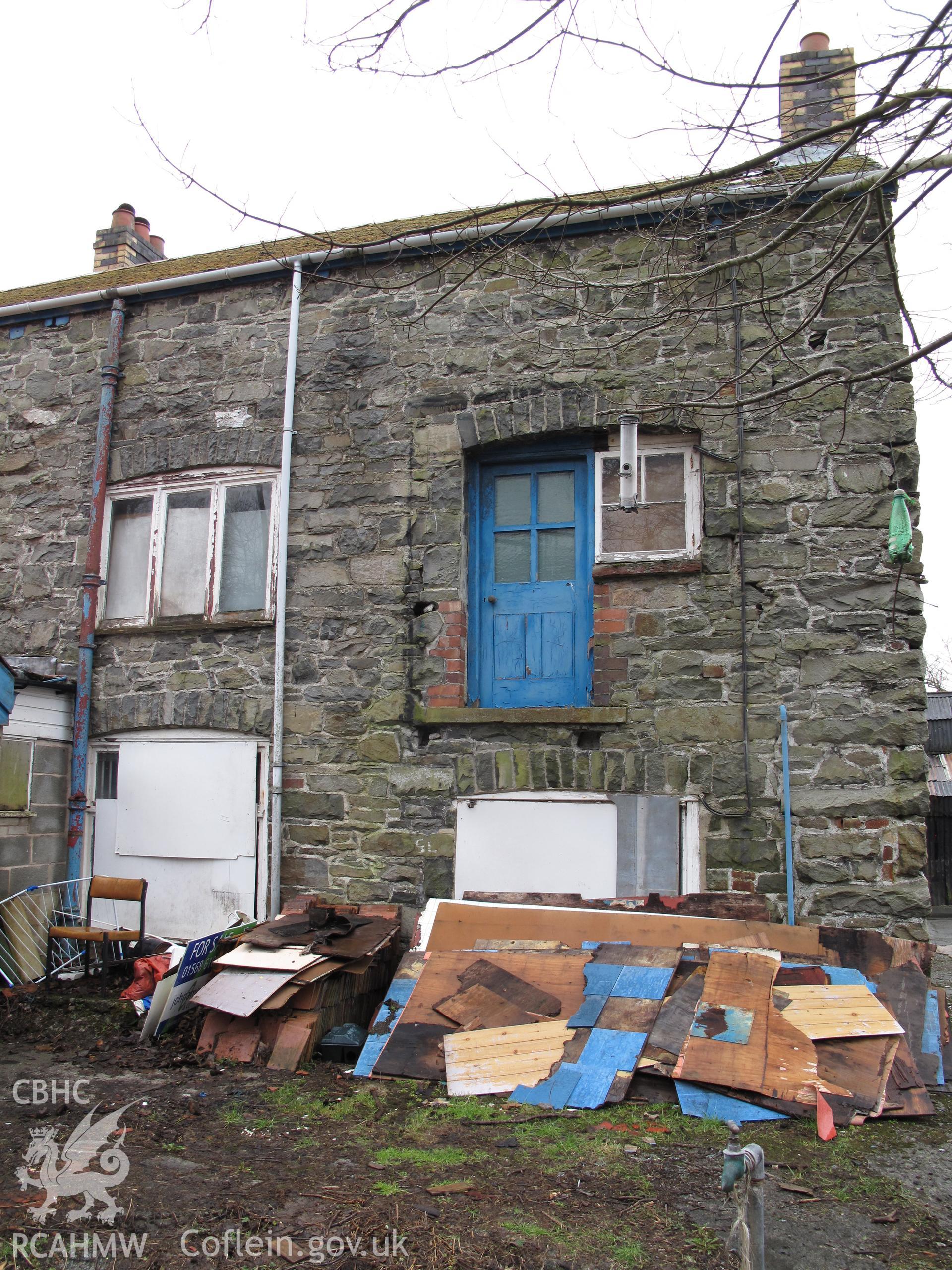 Position of inlet to internal waterwheels at west end of north wall, Castle Leather Works, Rhayader.