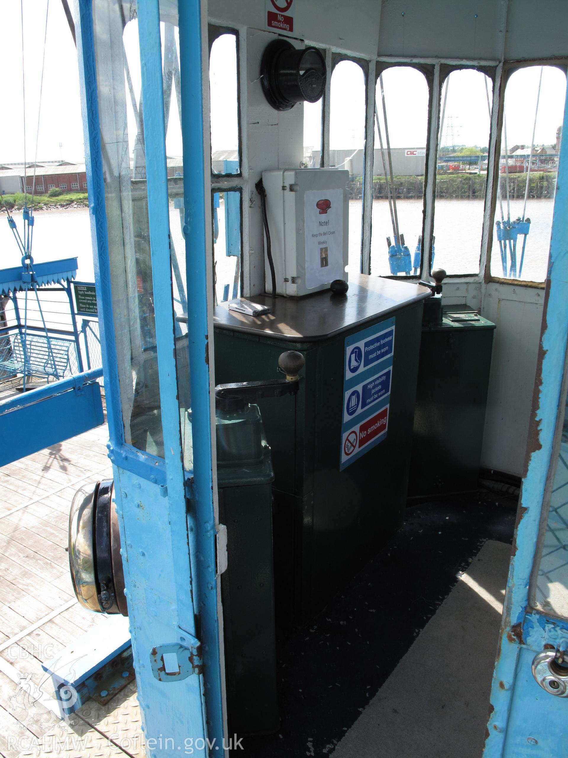 Interior of the gondola control house showing both sets of controls, Newport Transporter Bridge.